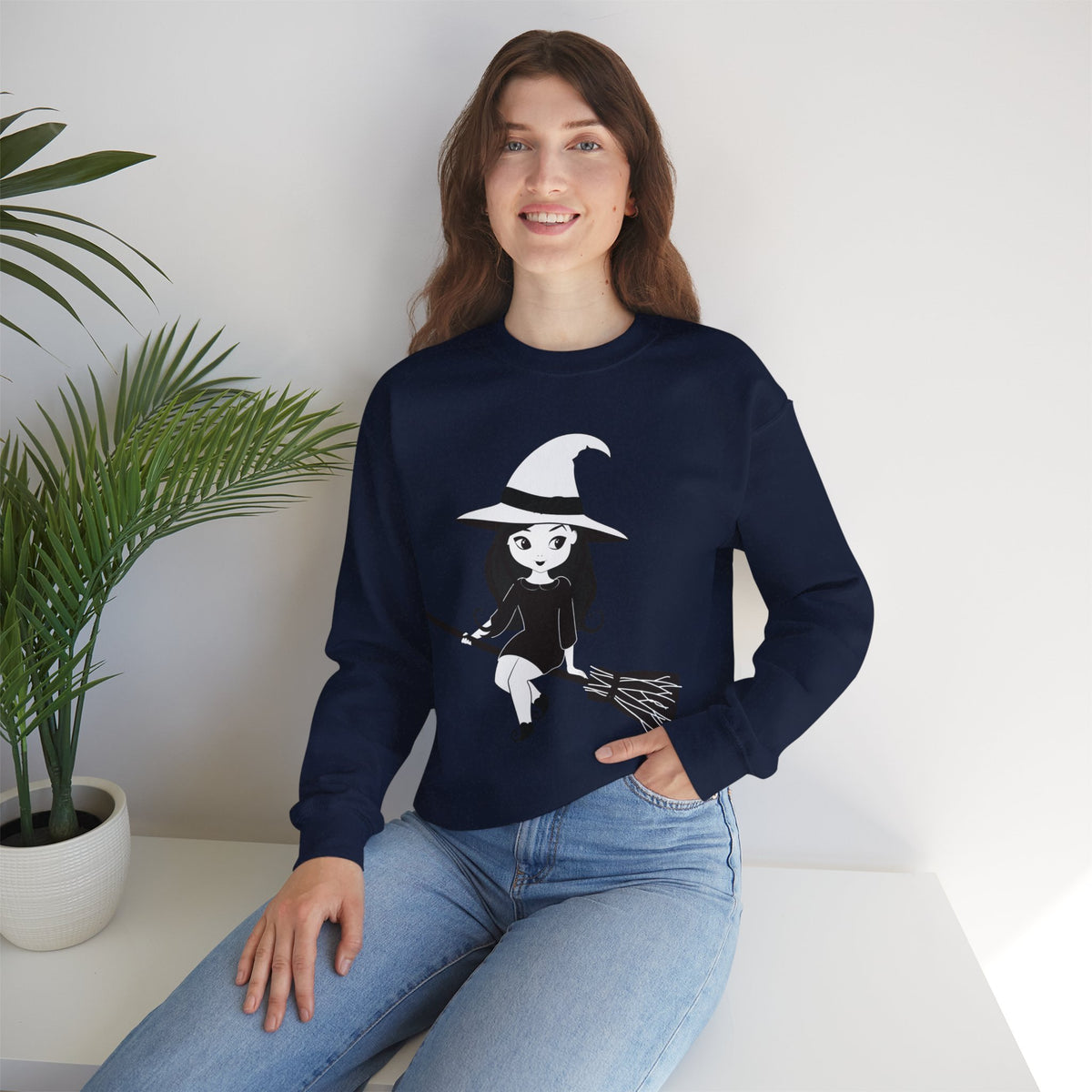 Witch on Broom Crewneck Sweatshirt — Cute Retro Halloween Witch Graphic
