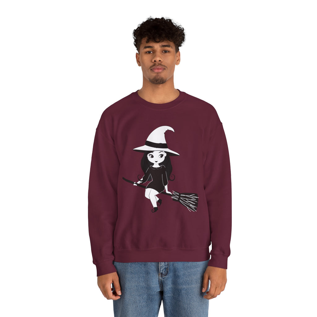 Witch on Broom Crewneck Sweatshirt — Cute Retro Halloween Witch Graphic