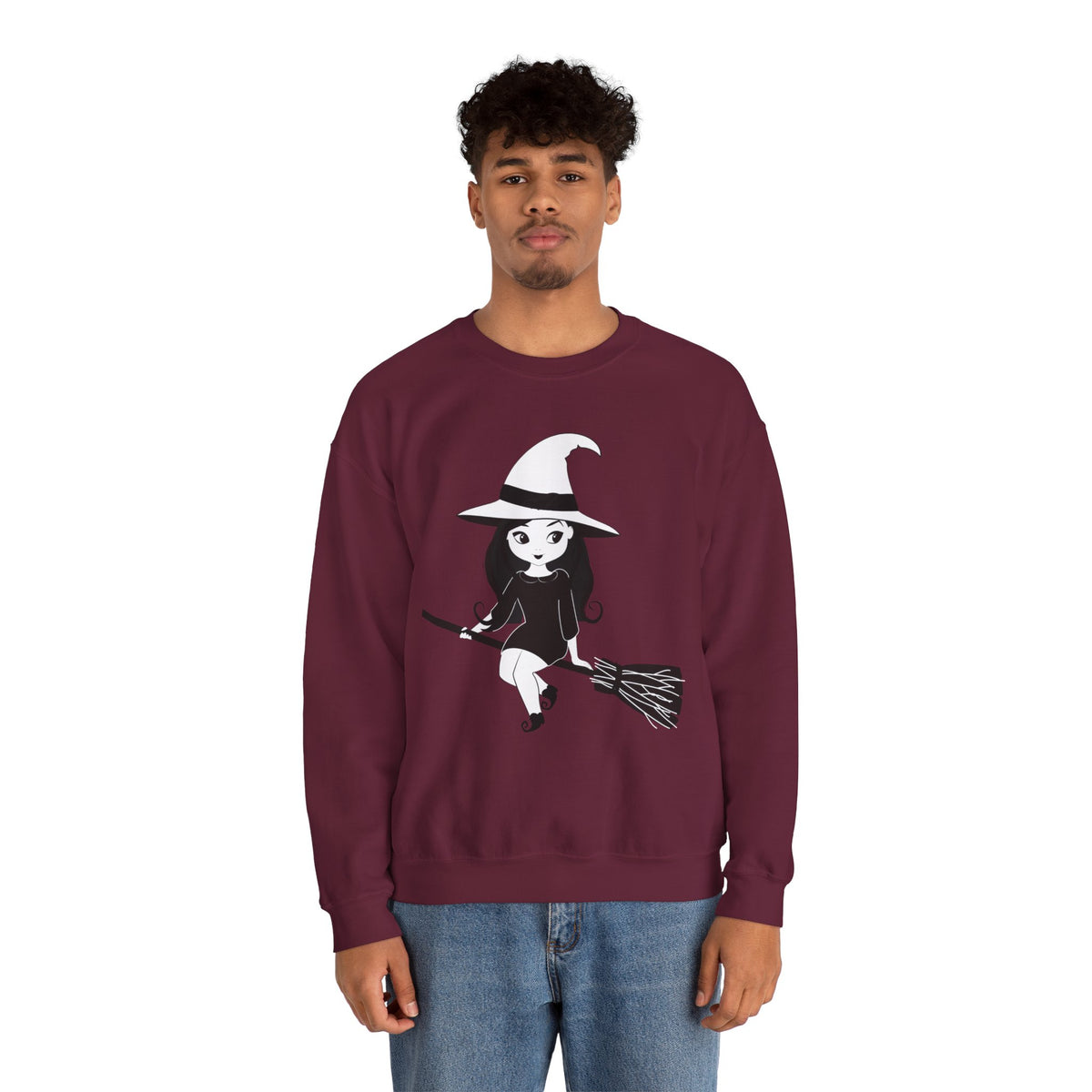 Witch on Broom Crewneck Sweatshirt — Cute Retro Halloween Witch Graphic