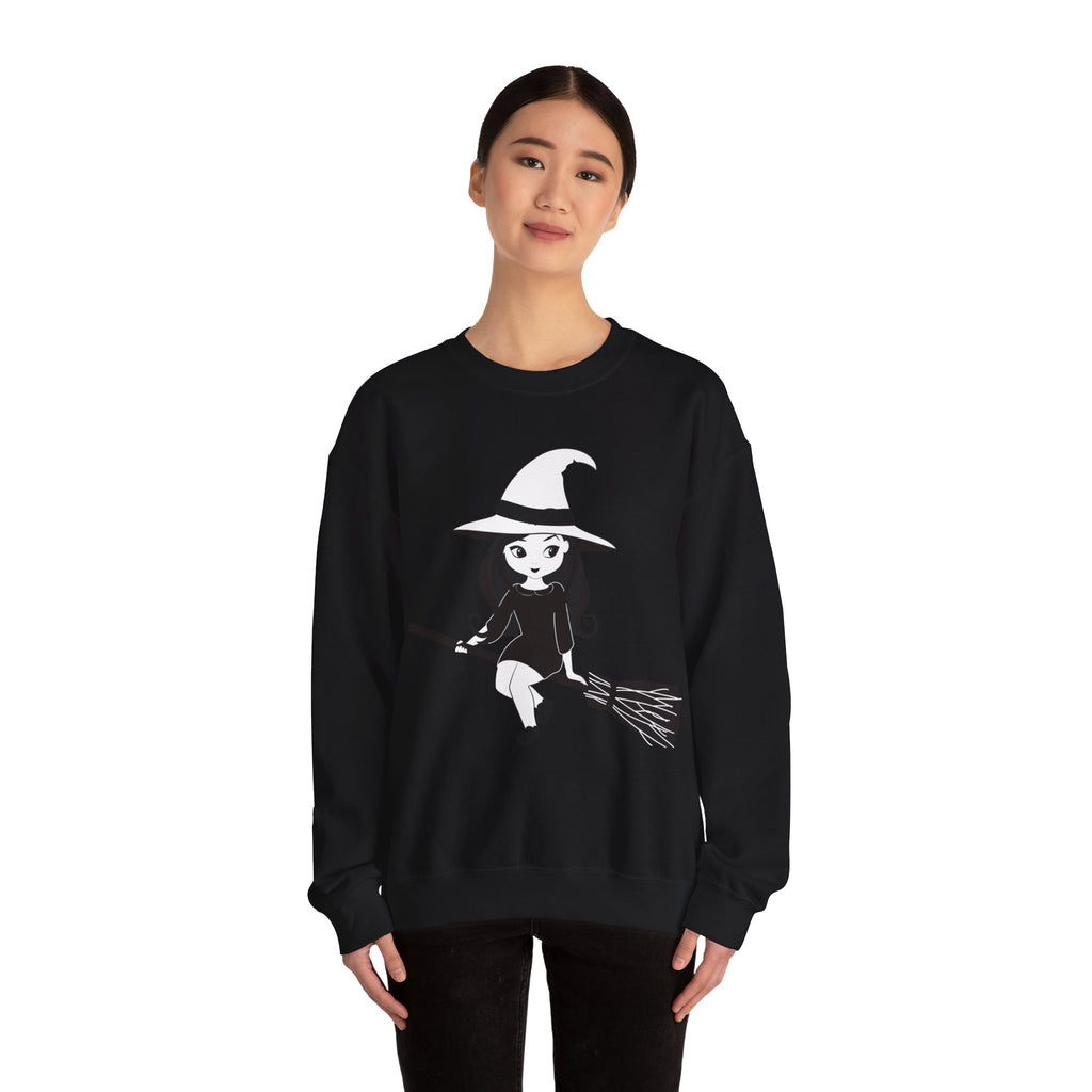 Witch on Broom Crewneck Sweatshirt — Cute Retro Halloween Witch Graphic