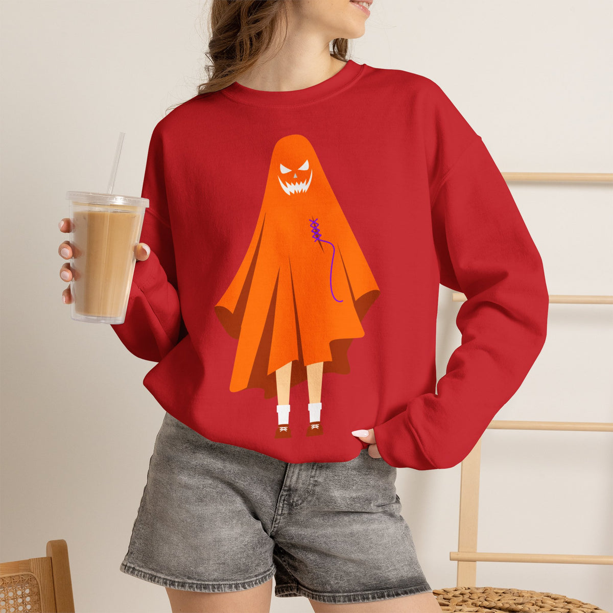Halloween Ghost Costume Sweatshirt — Cute Spooky Ghost Holding Lollipop Crewneck