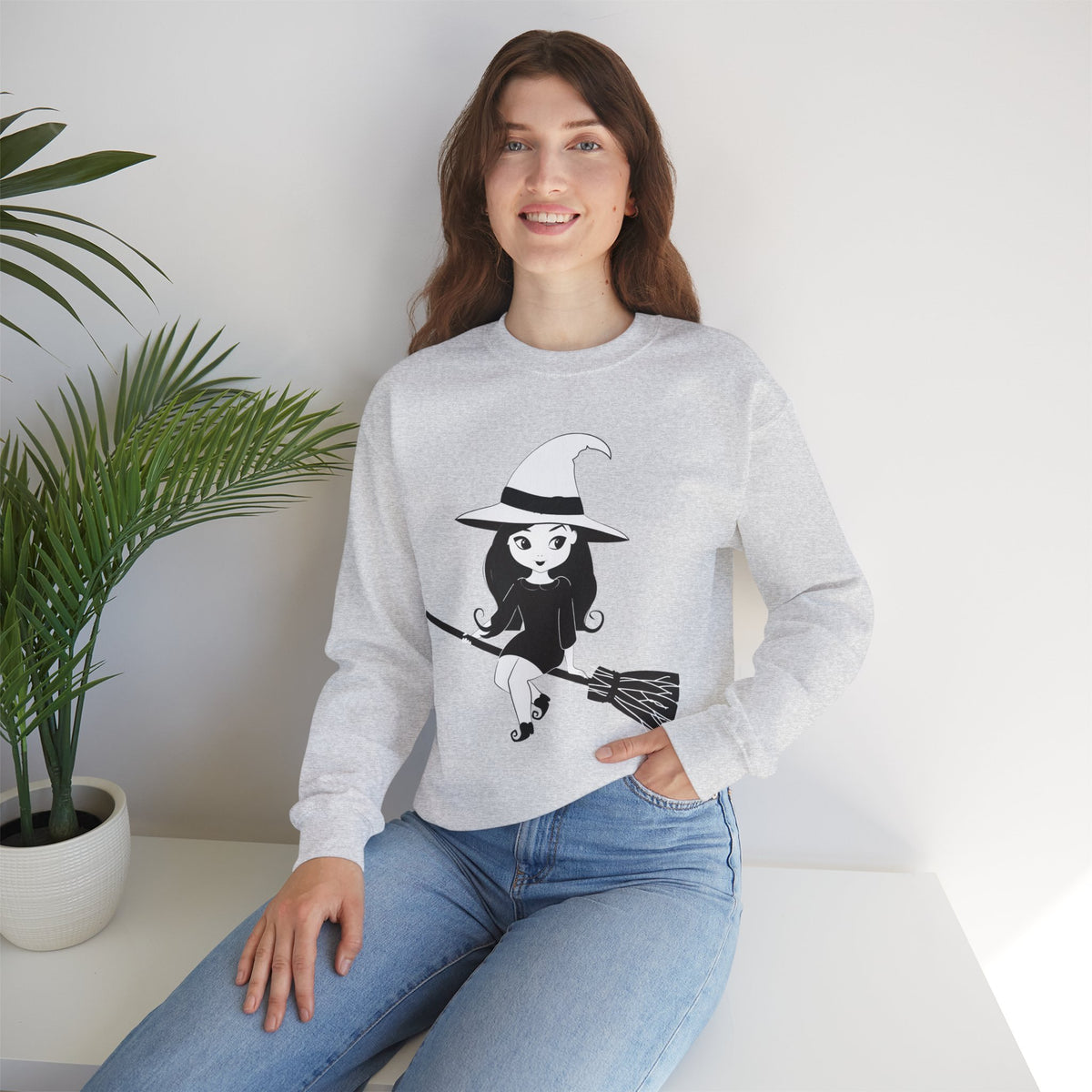 Witch on Broom Crewneck Sweatshirt — Cute Retro Halloween Witch Graphic