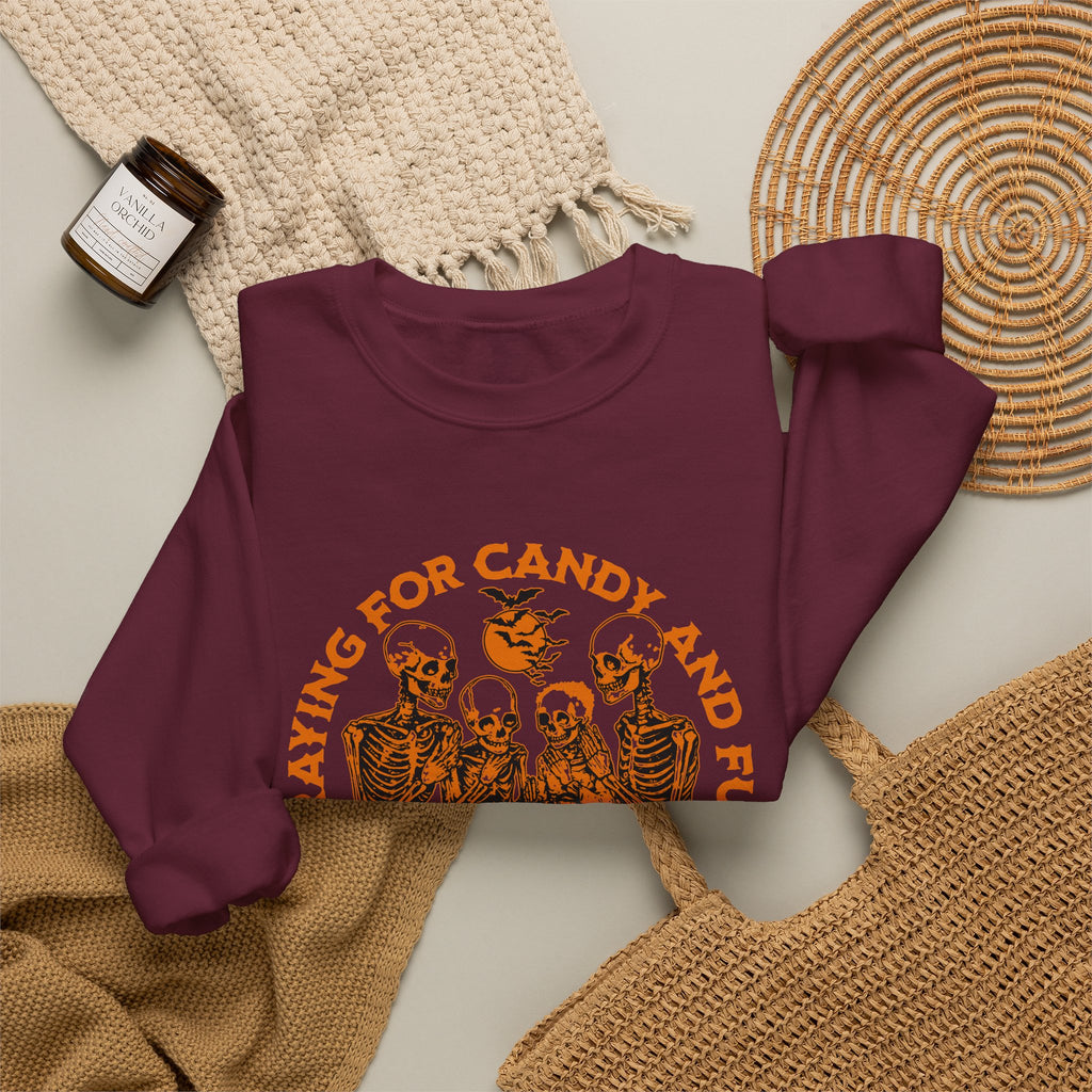 Skeleton Blessings Crewneck Sweatshirt — Praying for Candy and Fun Halloween Sweater