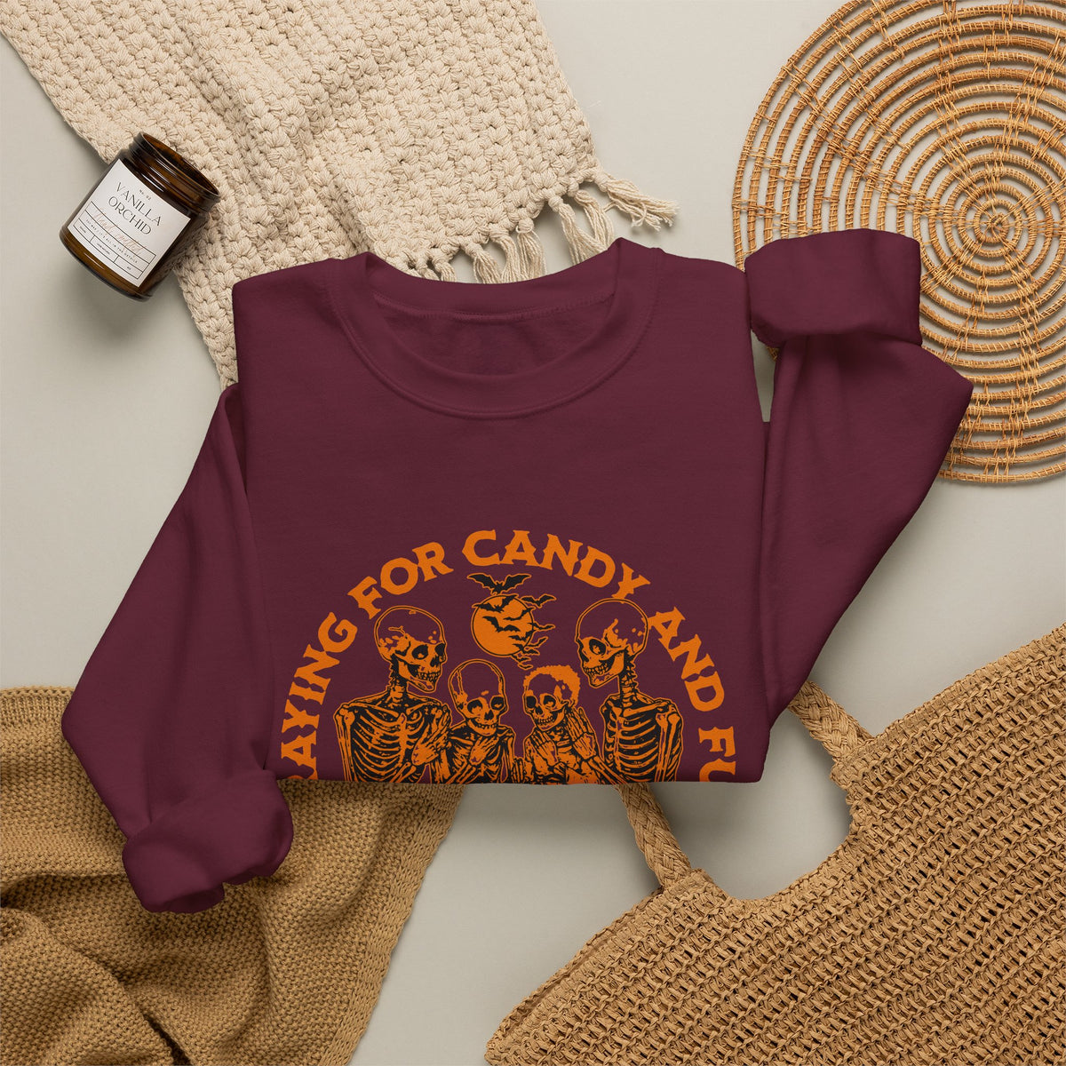 Skeleton Blessings Crewneck Sweatshirt — Praying for Candy and Fun Halloween Sweater