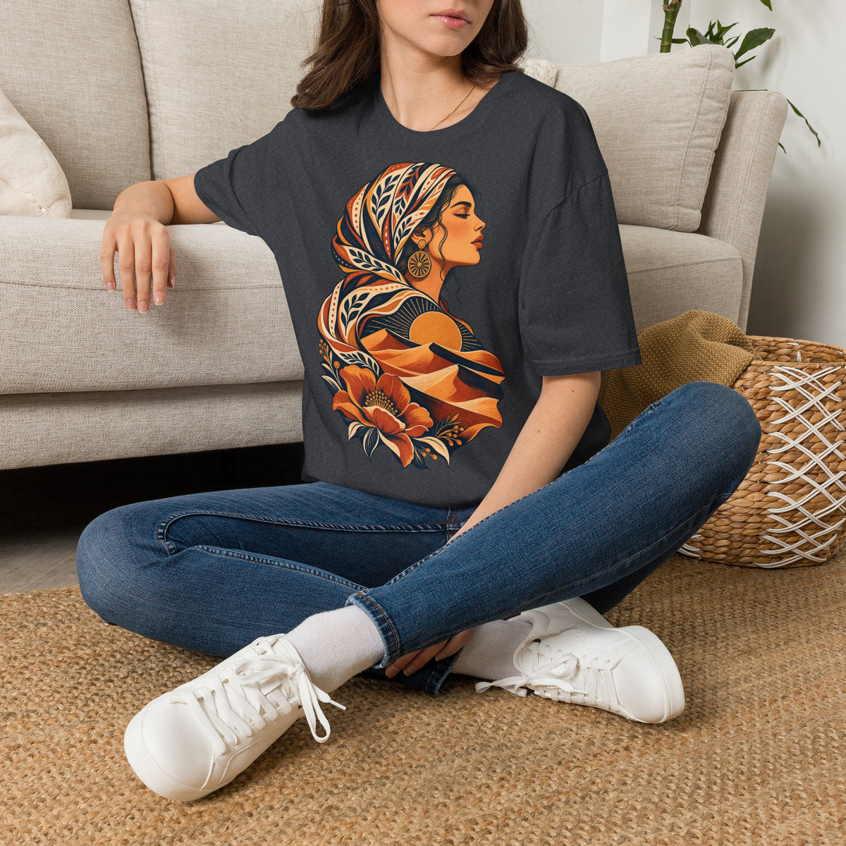 Floral Headwrap Portrait T-Shirt — Boho Vintage Woman Graphic Tee