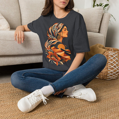 Floral Headwrap Portrait T-Shirt — Boho Vintage Woman Graphic Tee