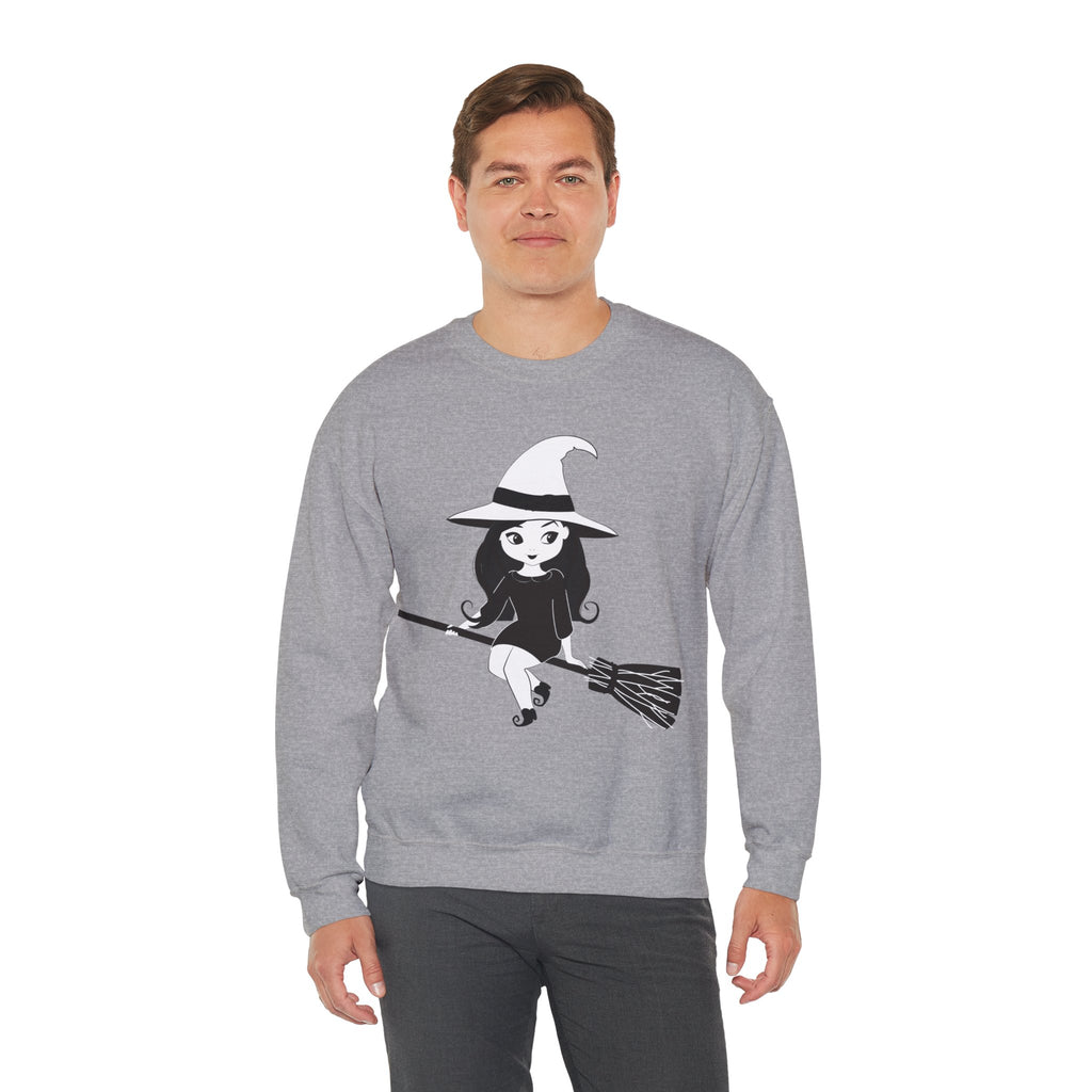 Witch on Broom Crewneck Sweatshirt — Cute Retro Halloween Witch Graphic