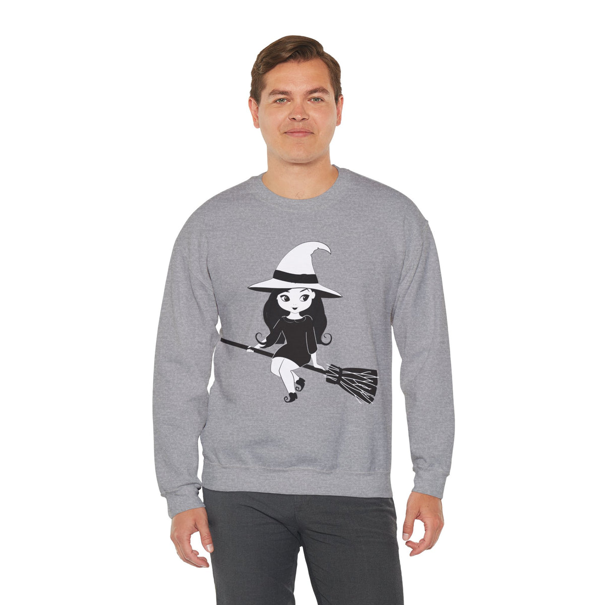 Witch on Broom Crewneck Sweatshirt — Cute Retro Halloween Witch Graphic