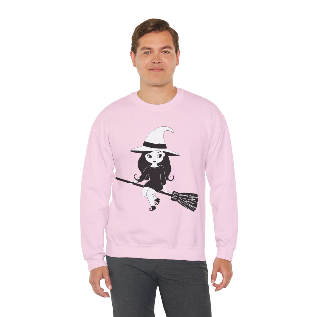 Witch on Broom Crewneck Sweatshirt — Cute Retro Halloween Witch Graphic