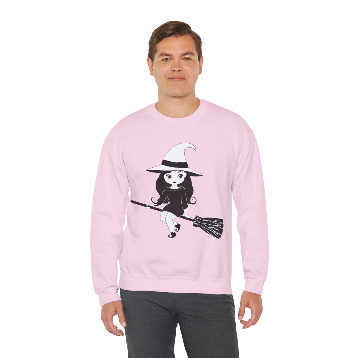 Witch on Broom Crewneck Sweatshirt — Cute Retro Halloween Witch Graphic