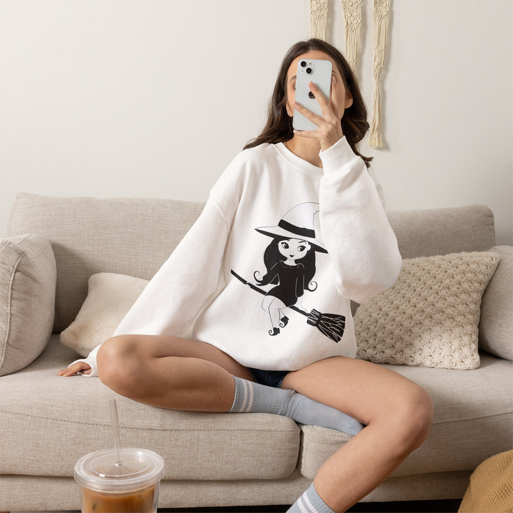 Witch on Broom Crewneck Sweatshirt — Cute Retro Halloween Witch Graphic