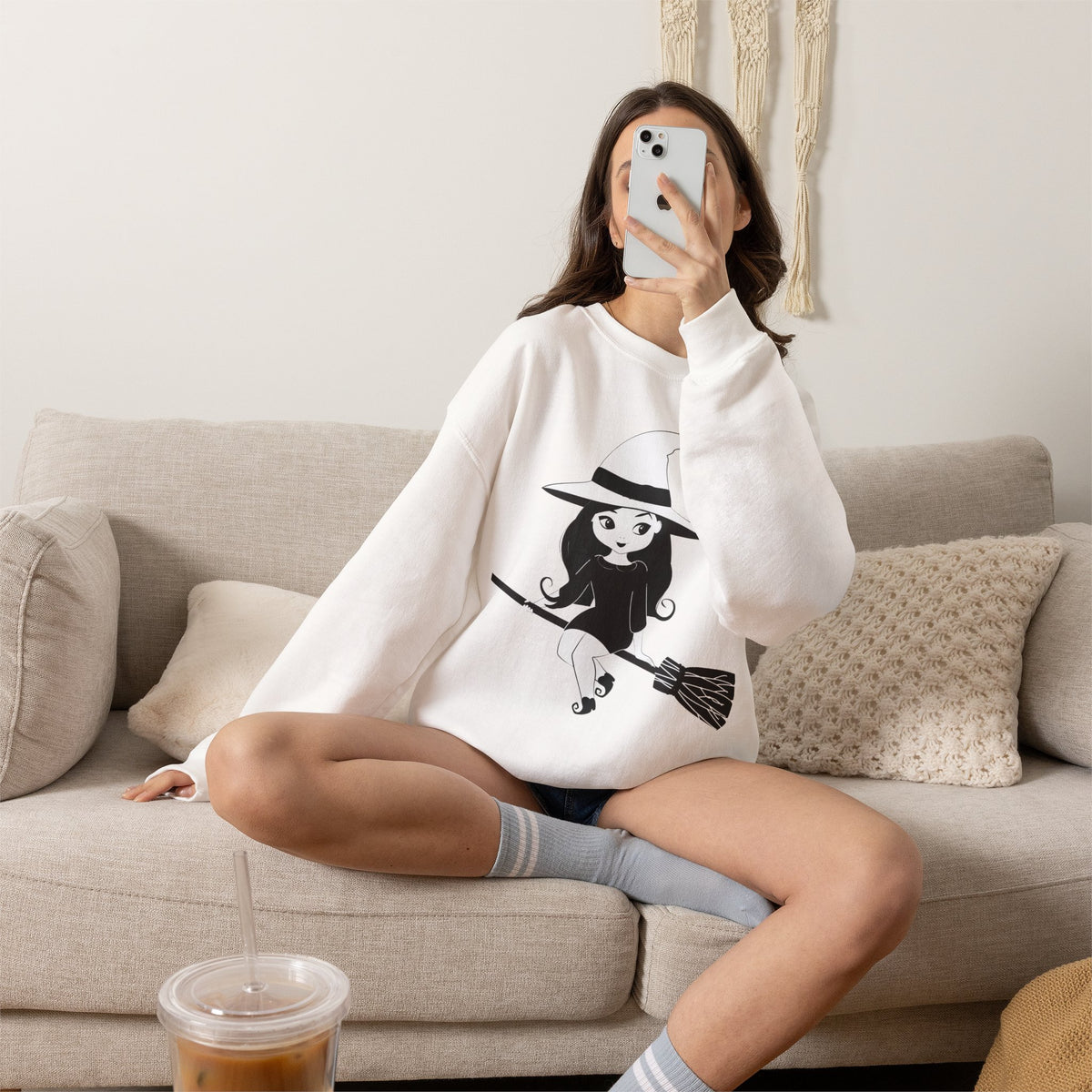 Witch on Broom Crewneck Sweatshirt — Cute Retro Halloween Witch Graphic