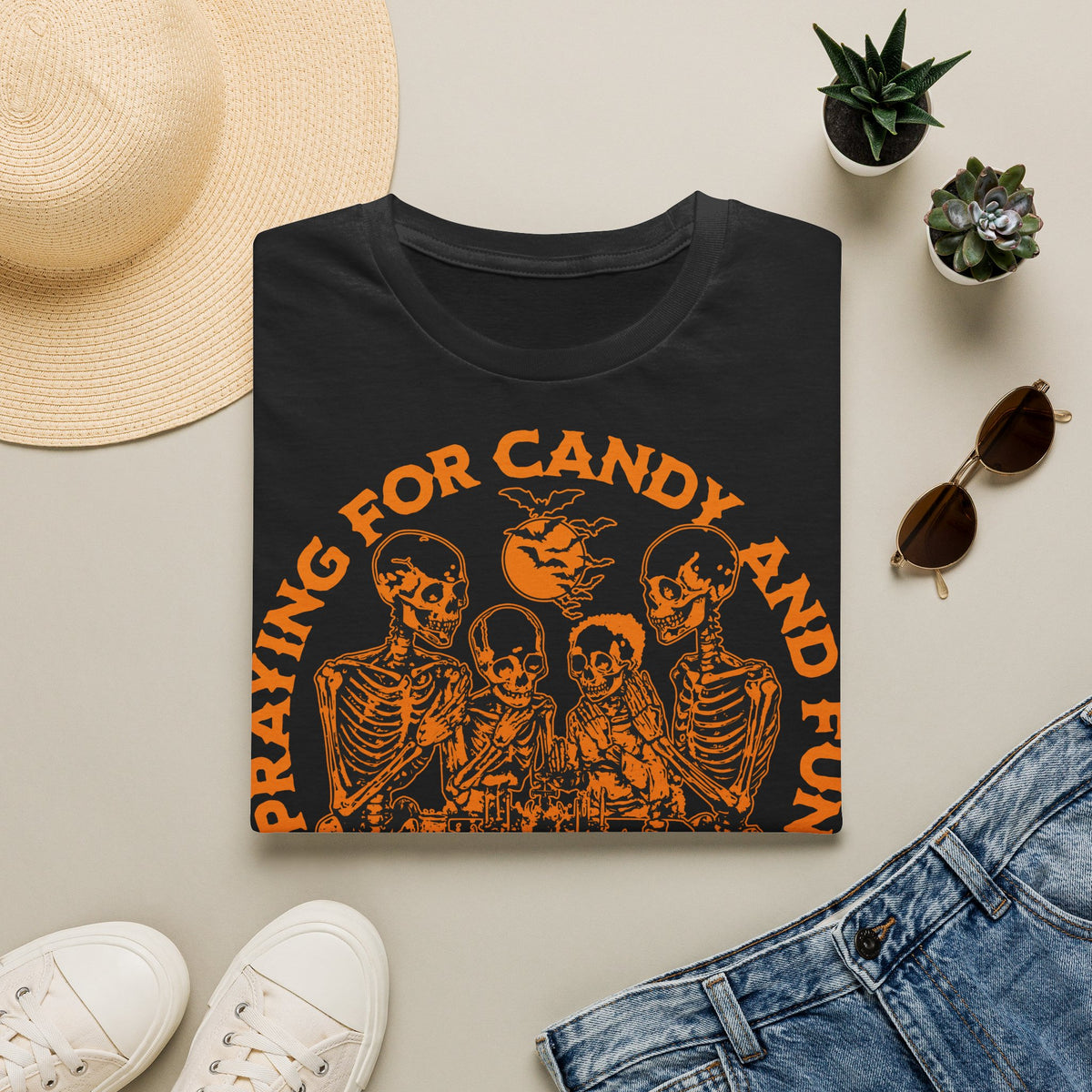 Skeleton Blessings Halloween T-Shirt — "Praying for Candy and Fun" Graphic Tee