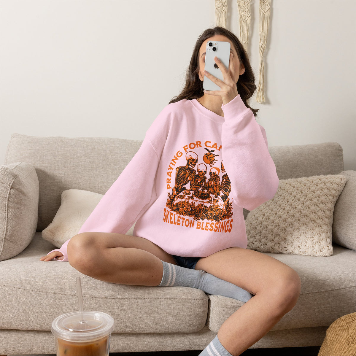 Skeleton Blessings Crewneck Sweatshirt — Praying for Candy and Fun Halloween Sweater