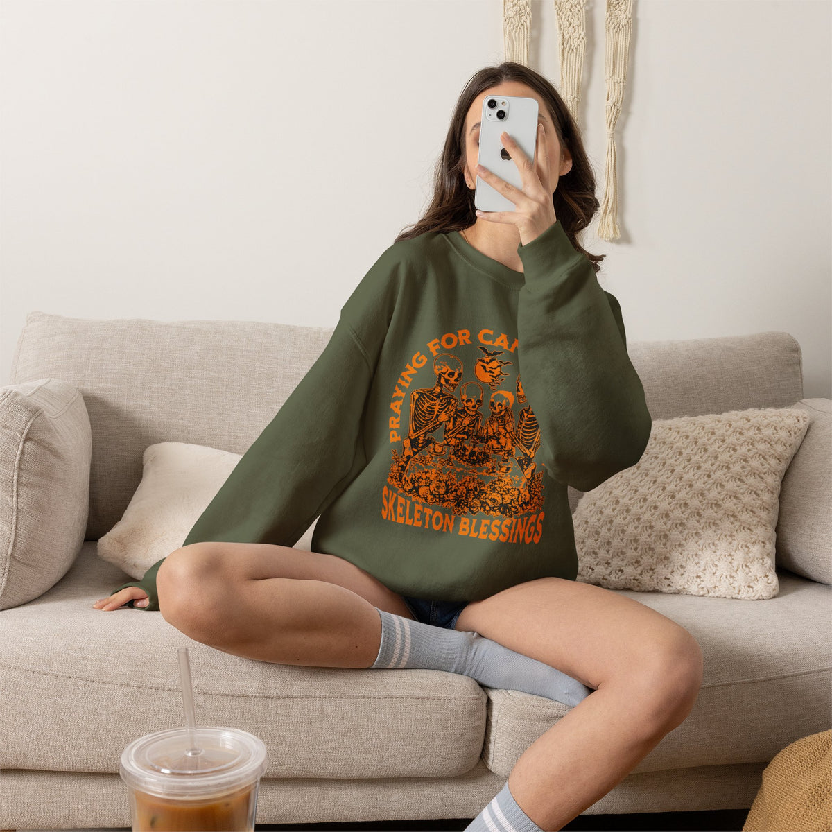 Skeleton Blessings Crewneck Sweatshirt — Praying for Candy and Fun Halloween Sweater