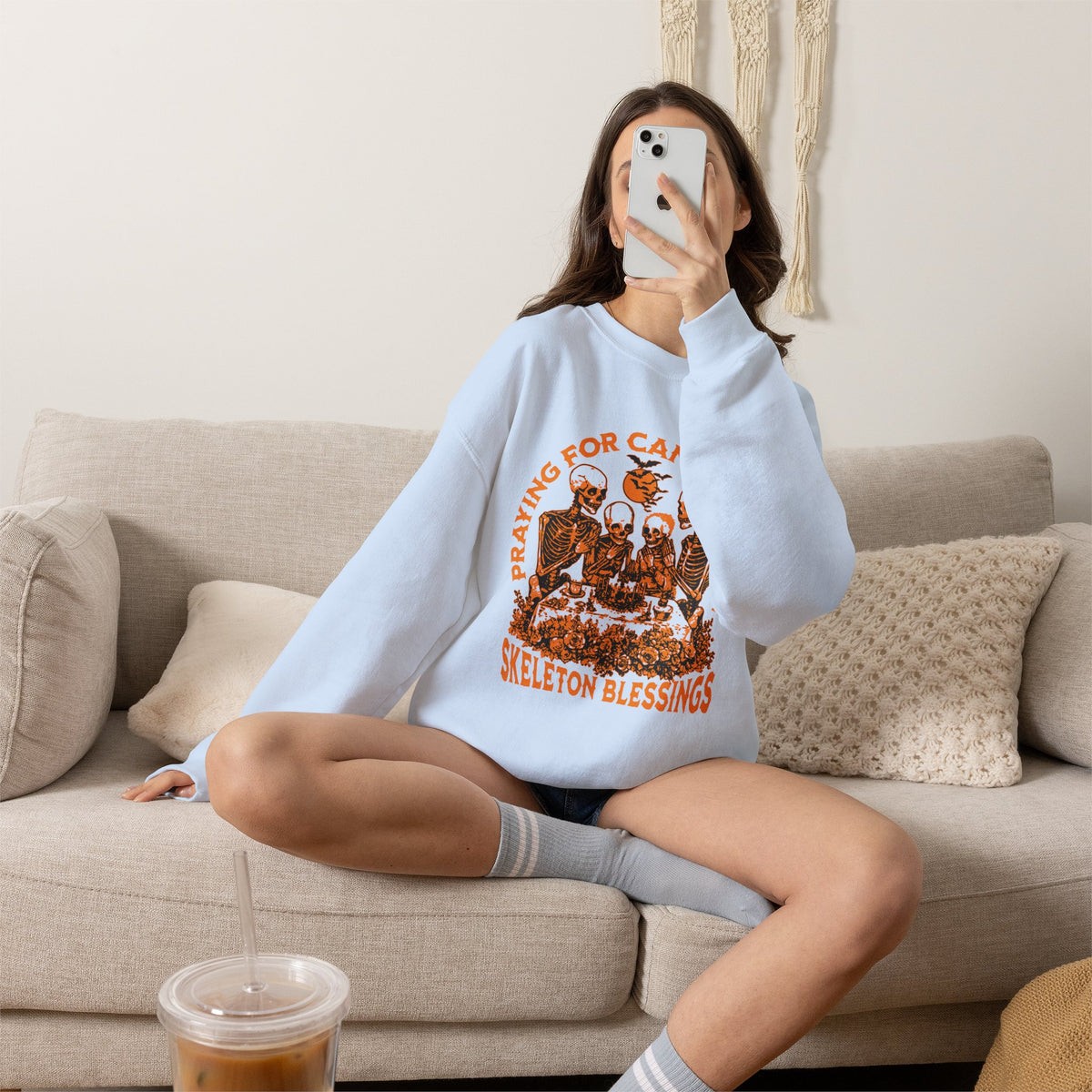 Skeleton Blessings Crewneck Sweatshirt — Praying for Candy and Fun Halloween Sweater