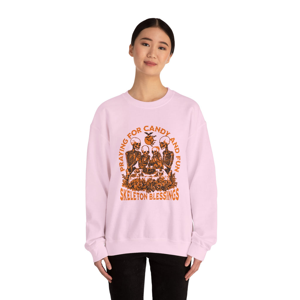 Skeleton Blessings Crewneck Sweatshirt — Praying for Candy and Fun Halloween Sweater