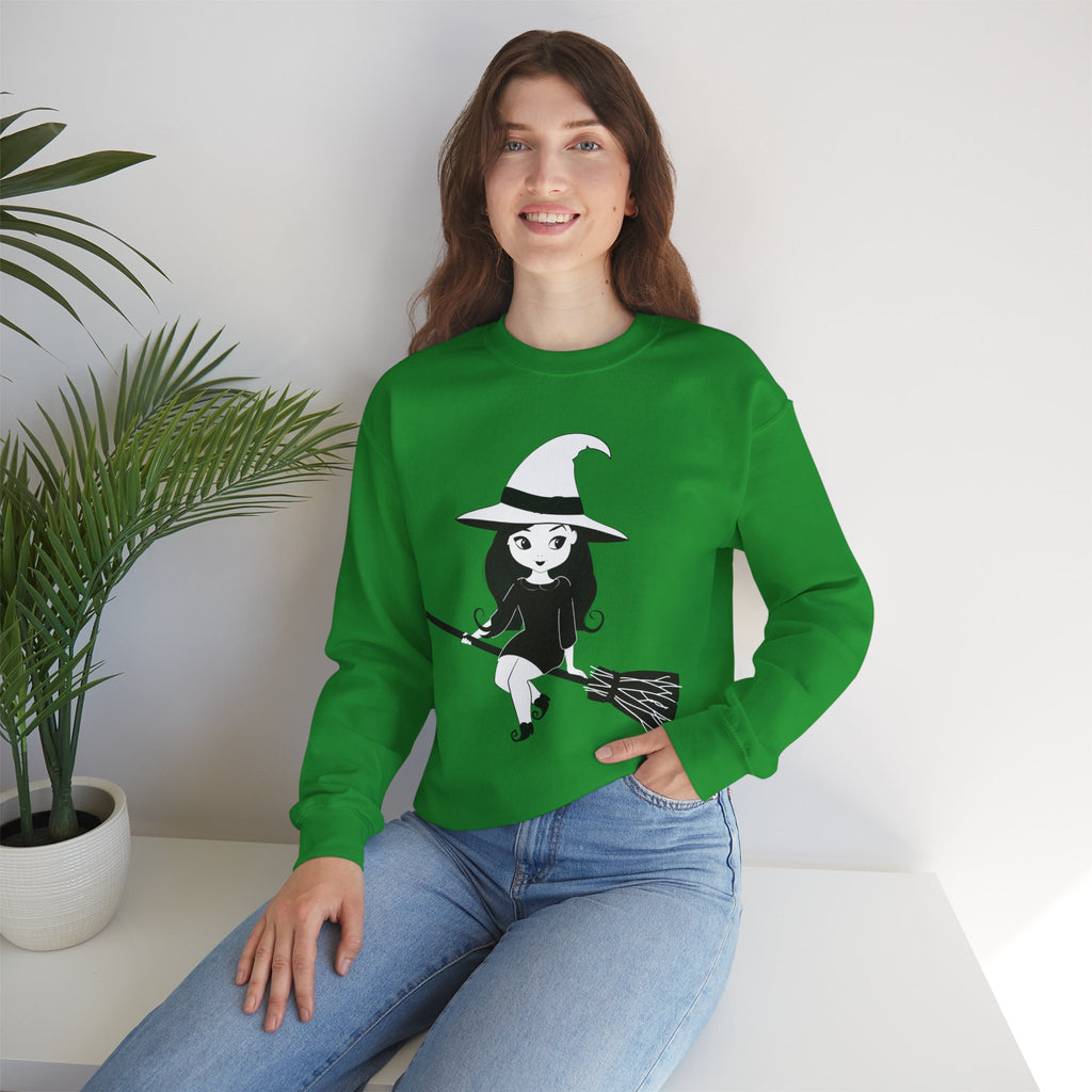 Witch on Broom Crewneck Sweatshirt — Cute Retro Halloween Witch Graphic