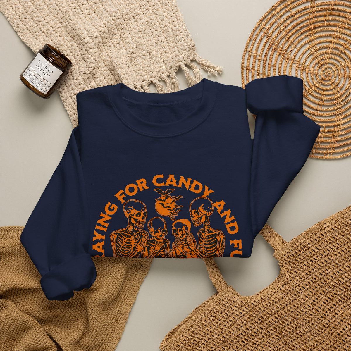 Skeleton Blessings Crewneck Sweatshirt — Praying for Candy and Fun Halloween Sweater
