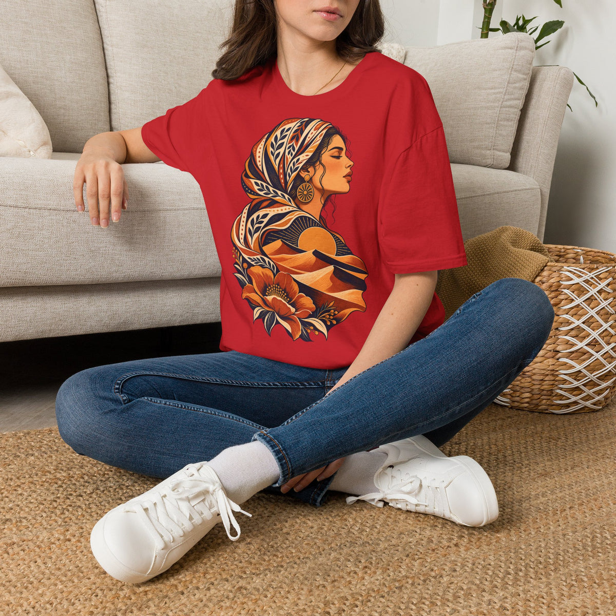 Floral Headwrap Portrait T-Shirt — Boho Vintage Woman Graphic Tee