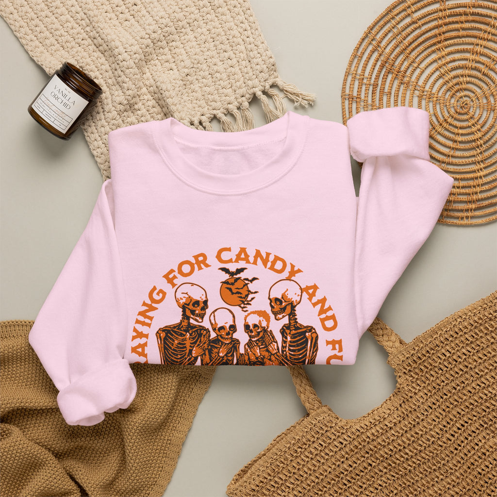 Skeleton Blessings Crewneck Sweatshirt — Praying for Candy and Fun Halloween Sweater