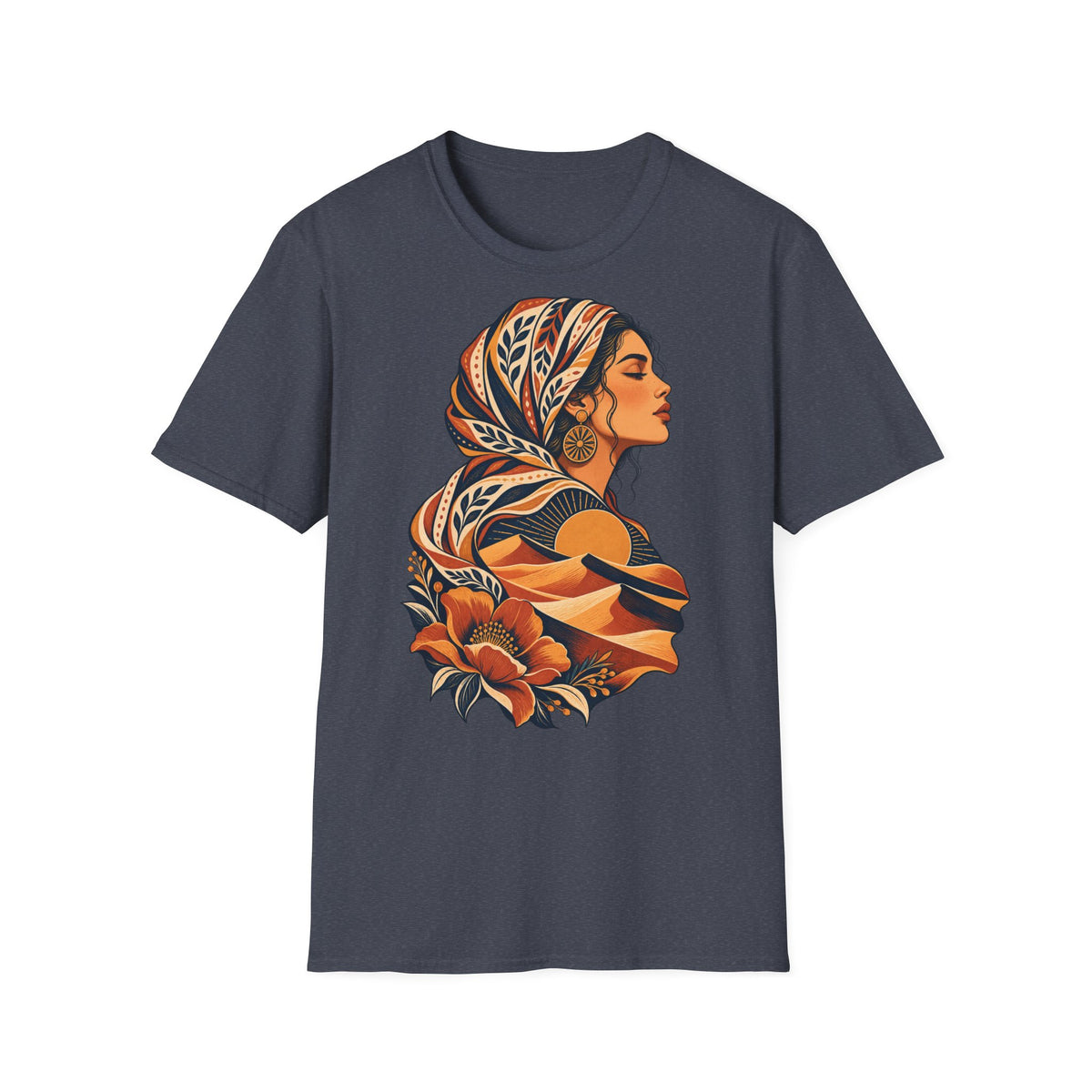 Floral Headwrap Portrait T-Shirt — Boho Vintage Woman Graphic Tee