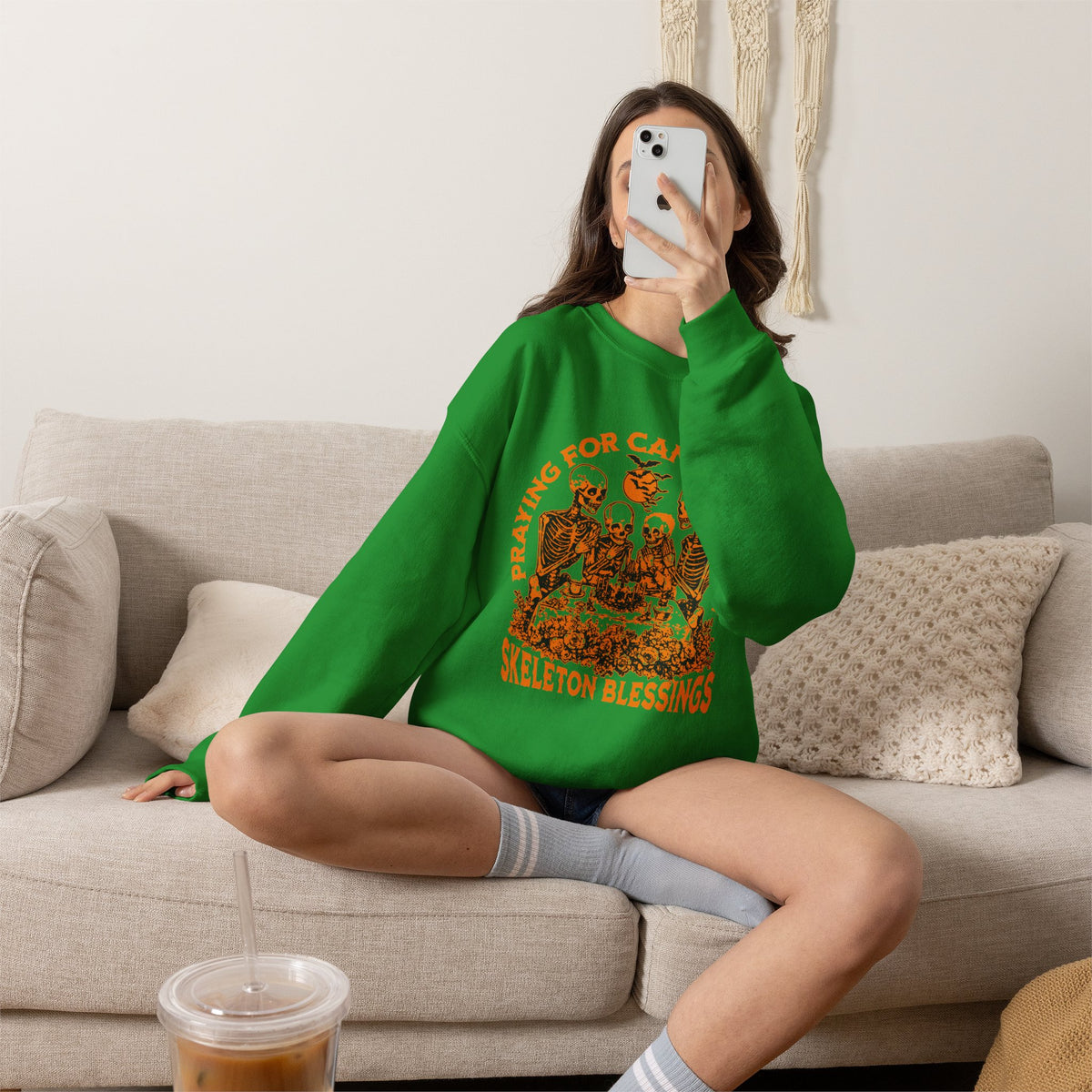 Skeleton Blessings Crewneck Sweatshirt — Praying for Candy and Fun Halloween Sweater