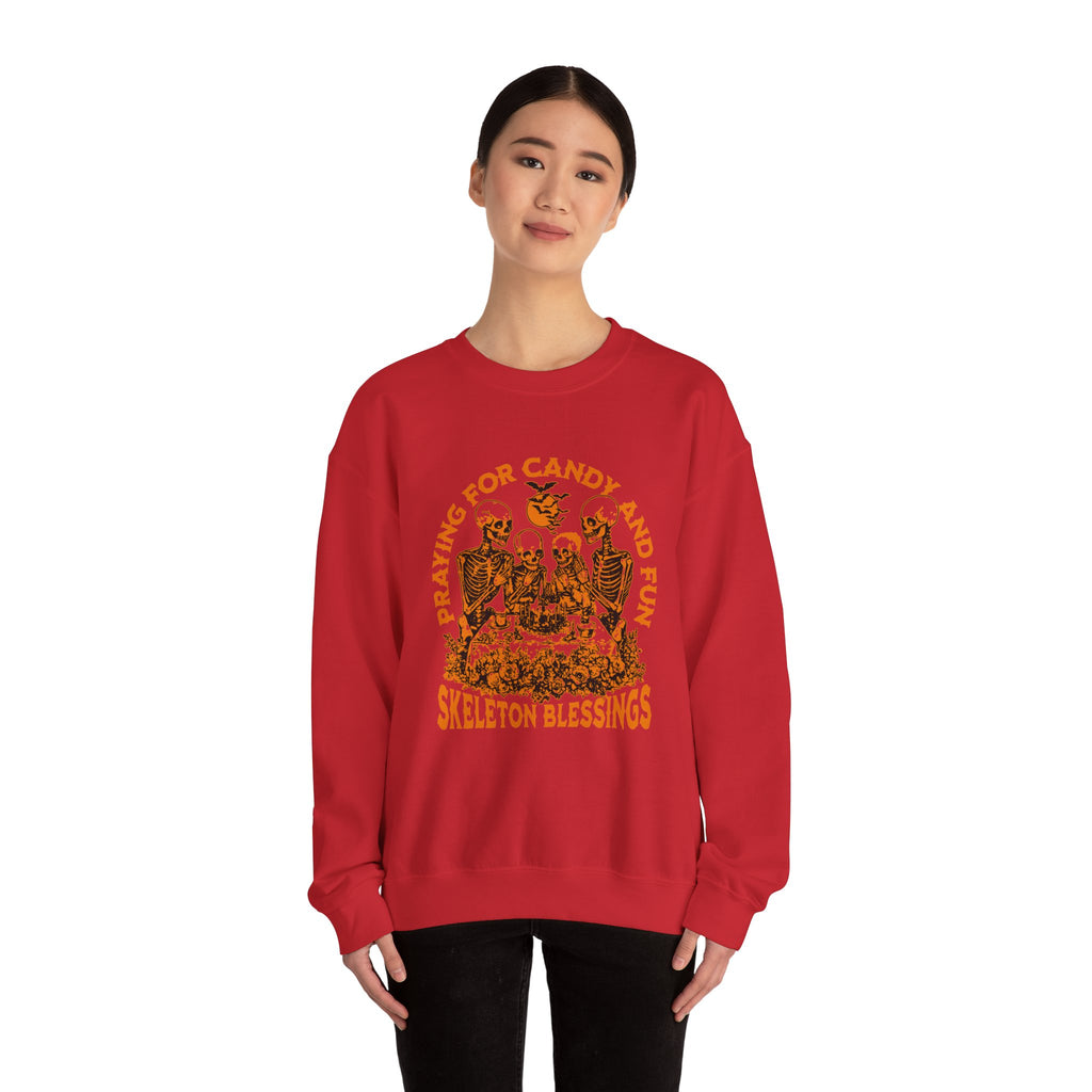 Skeleton Blessings Crewneck Sweatshirt — Praying for Candy and Fun Halloween Sweater