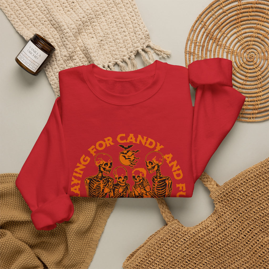 Skeleton Blessings Crewneck Sweatshirt — Praying for Candy and Fun Halloween Sweater