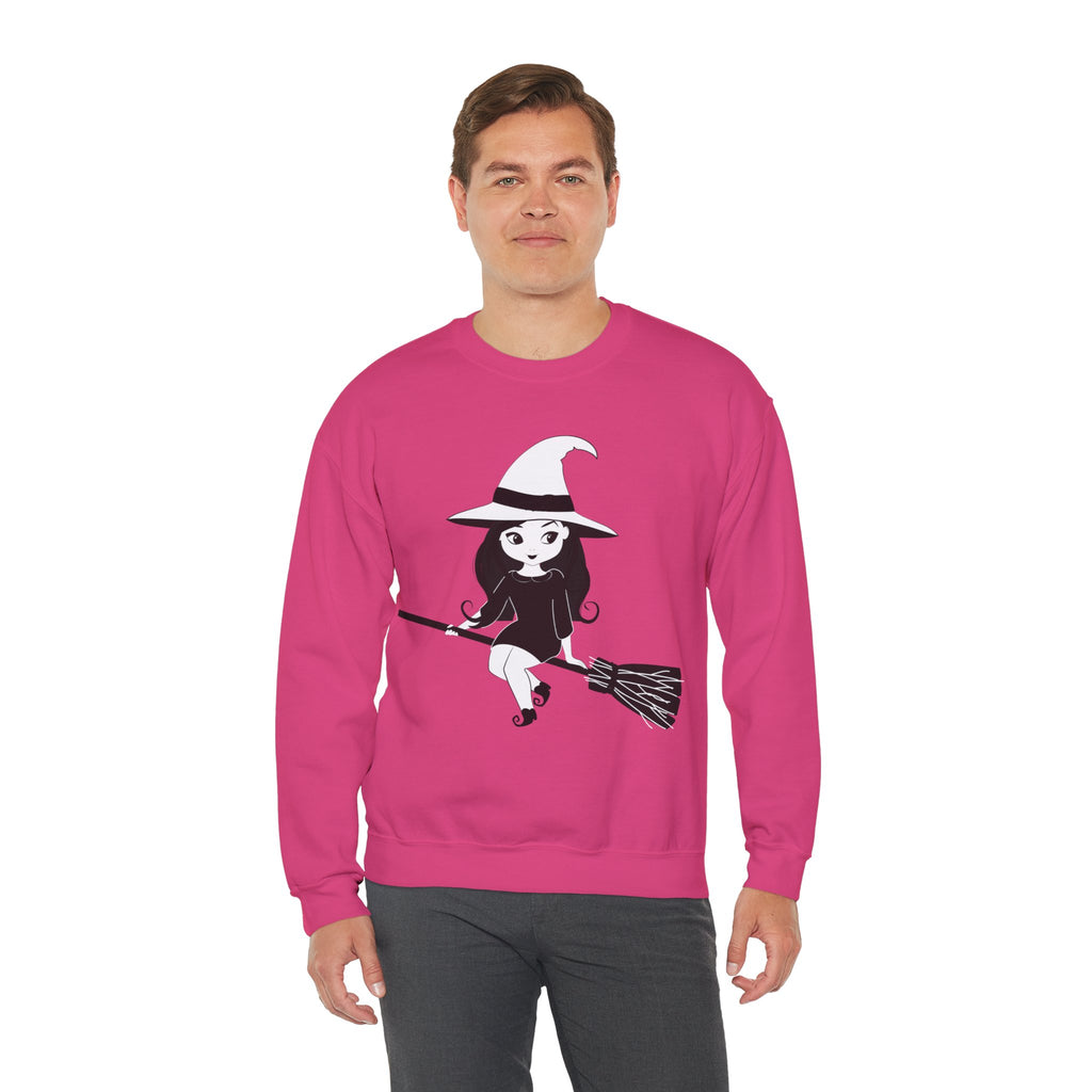 Witch on Broom Crewneck Sweatshirt — Cute Retro Halloween Witch Graphic