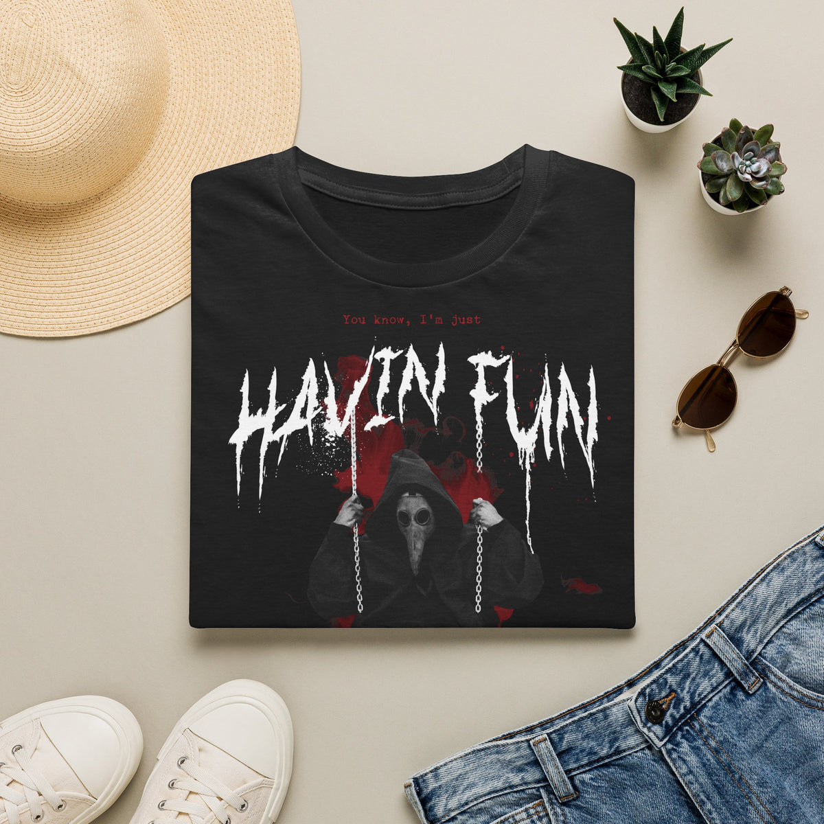 Havin' Fun Horror Grim Reaper T-Shirt — Gothic Skull & Roses Dark Tee