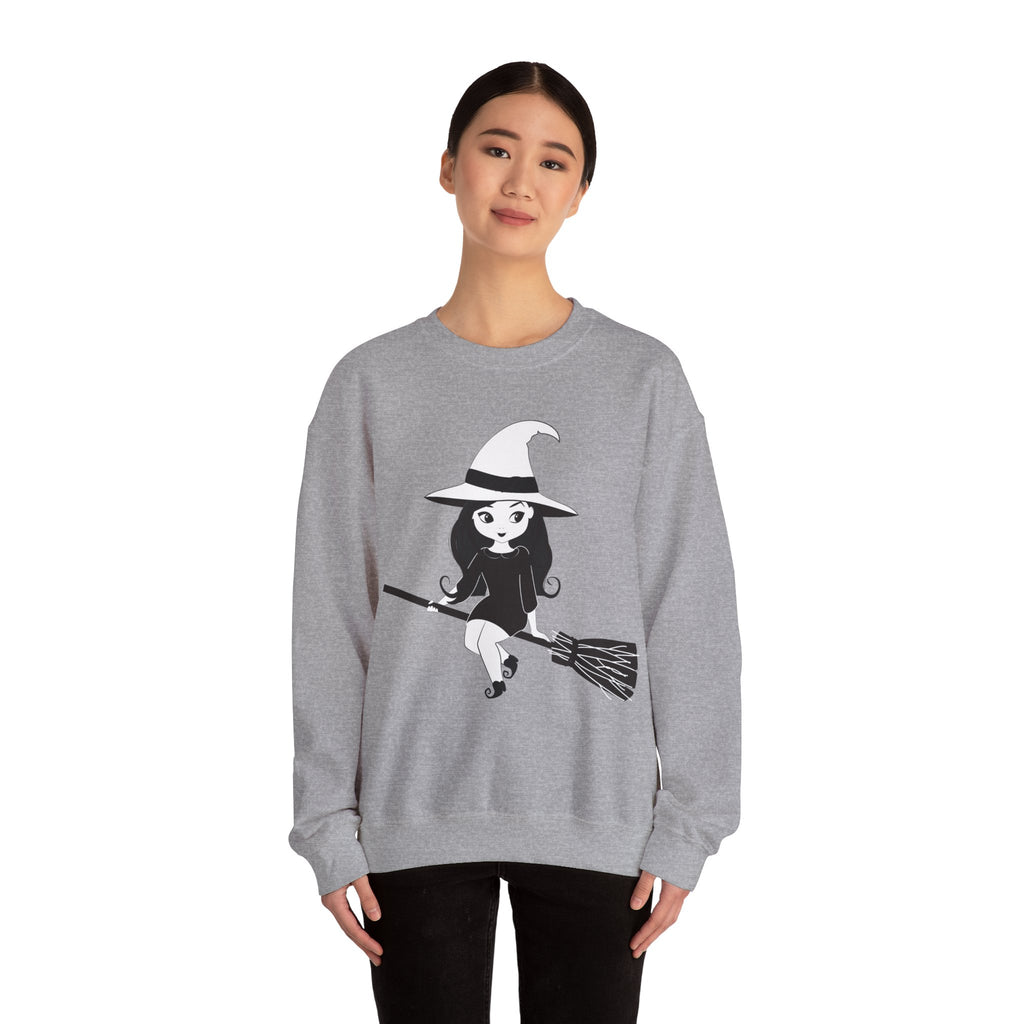 Witch on Broom Crewneck Sweatshirt — Cute Retro Halloween Witch Graphic