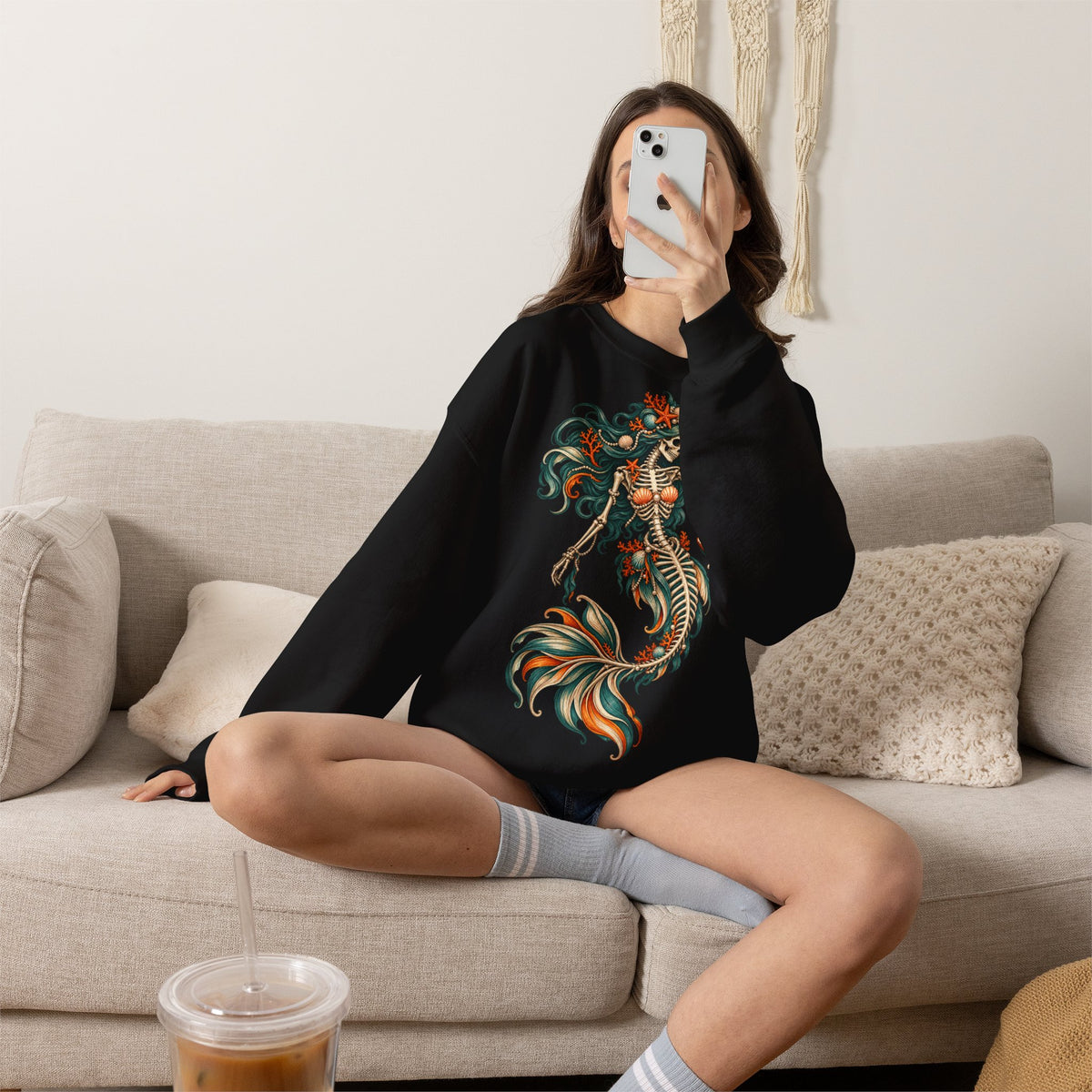 Skeleton Mermaid Crewneck Sweatshirt — Gothic Halloween Mermaid Pullover