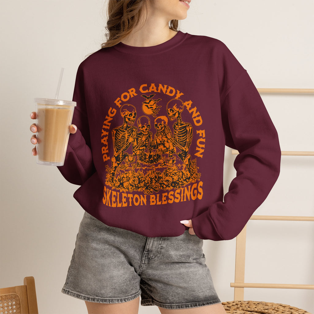 Skeleton Blessings Crewneck Sweatshirt — Praying for Candy and Fun Halloween Sweater