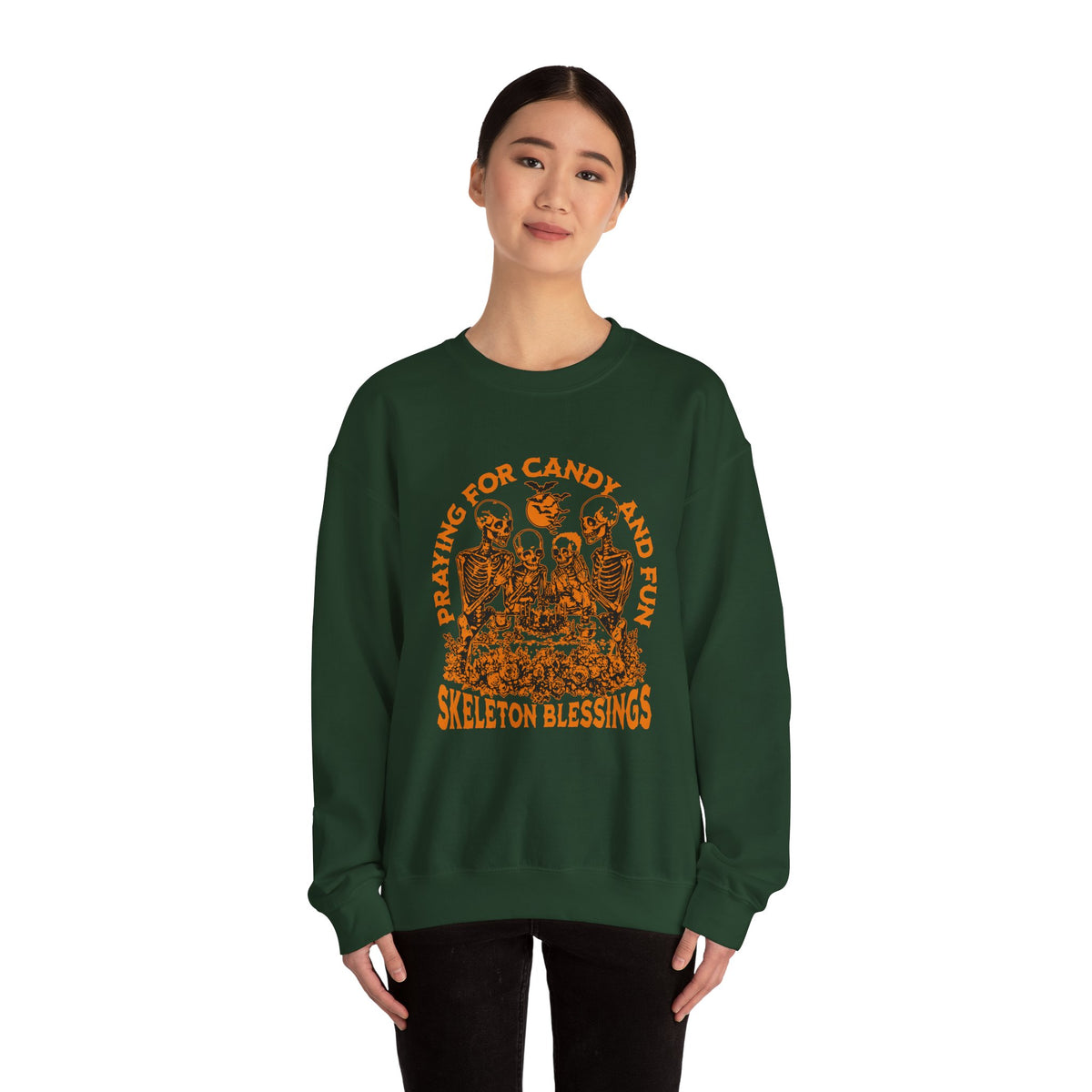 Skeleton Blessings Crewneck Sweatshirt — Praying for Candy and Fun Halloween Sweater