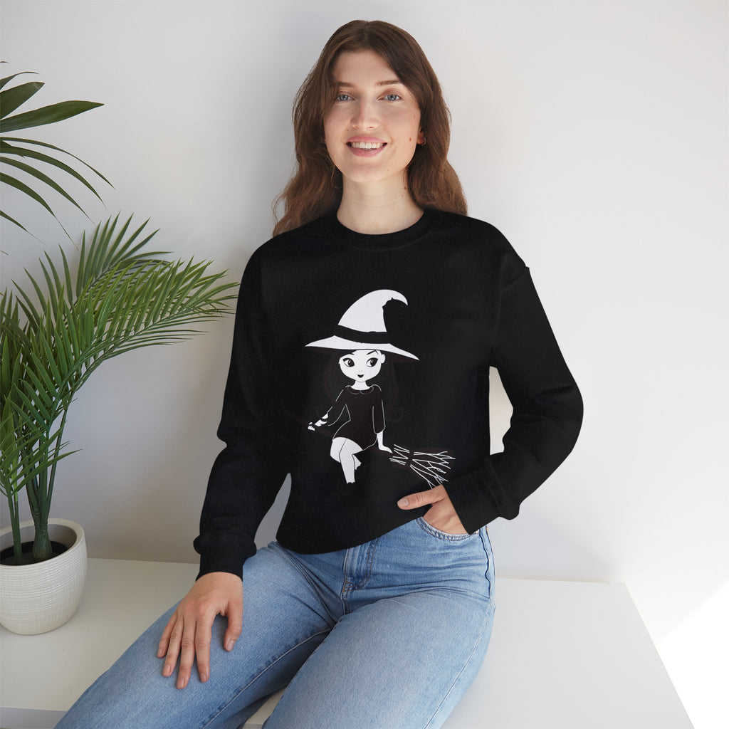 Witch on Broom Crewneck Sweatshirt — Cute Retro Halloween Witch Graphic