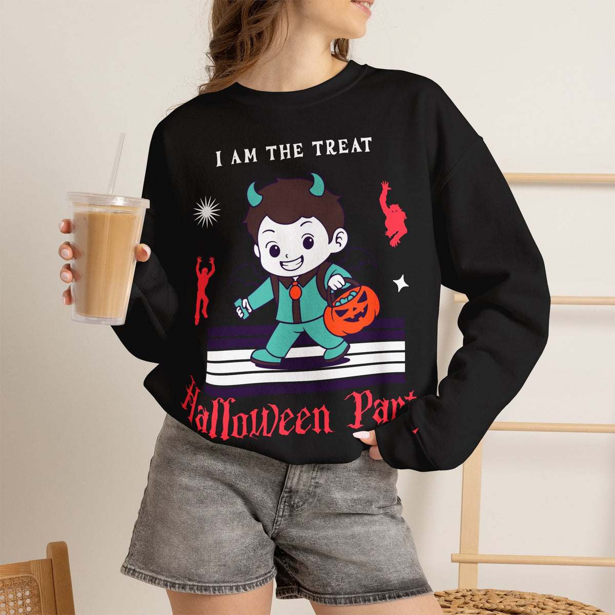 Halloween Party Sweatshirt — "I Am The Treat" Cute Devil Kid Costume Crewneck