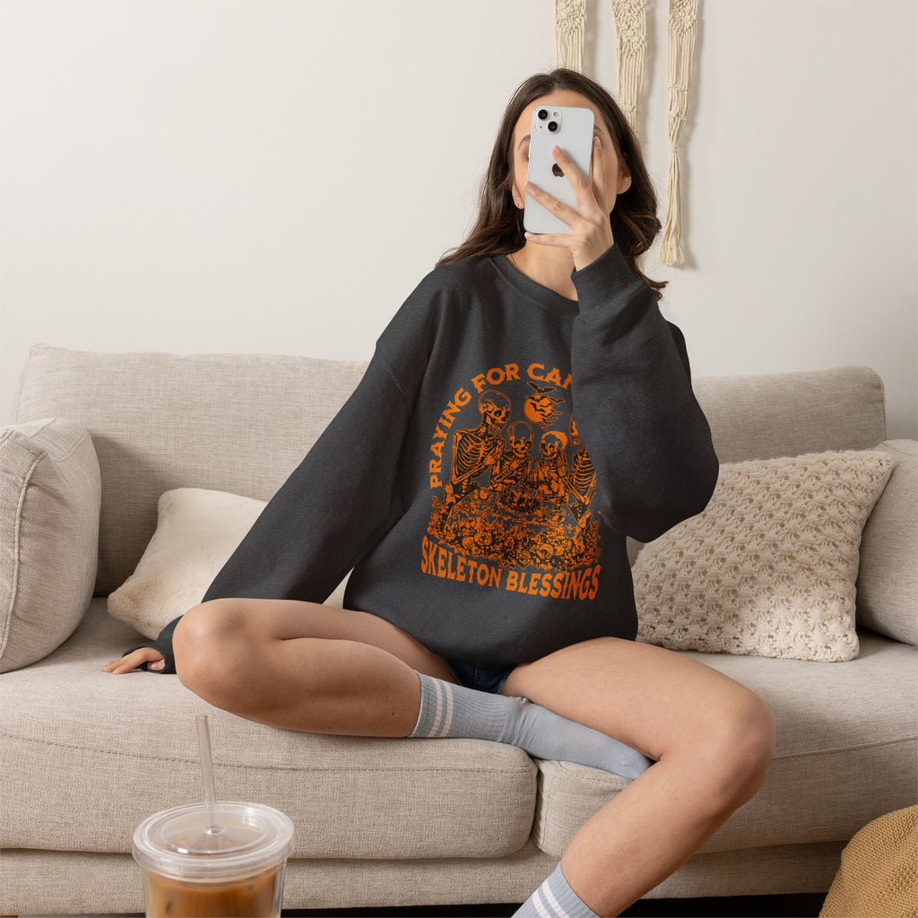 Skeleton Blessings Crewneck Sweatshirt — Praying for Candy and Fun Halloween Sweater