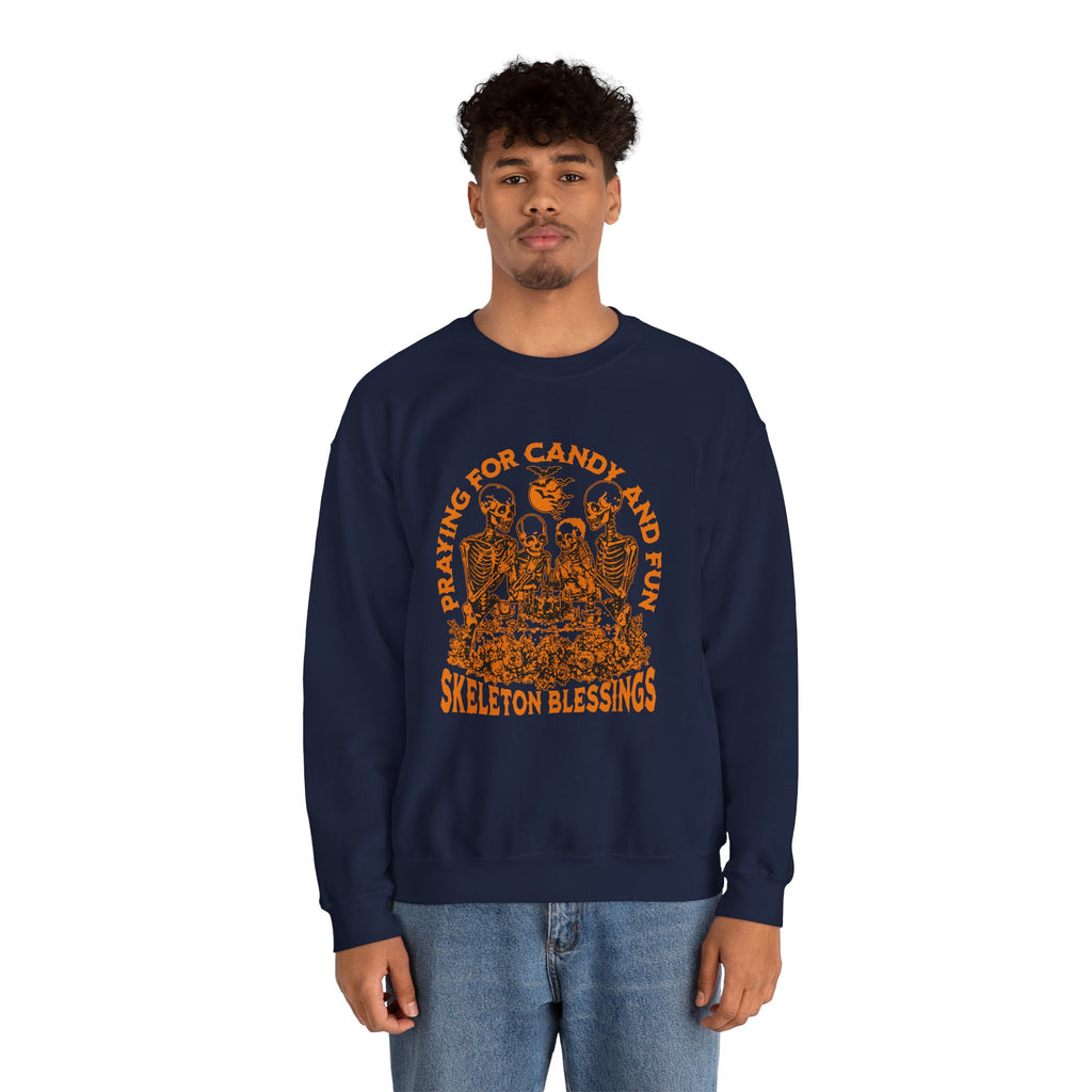 Skeleton Blessings Crewneck Sweatshirt — Praying for Candy and Fun Halloween Sweater