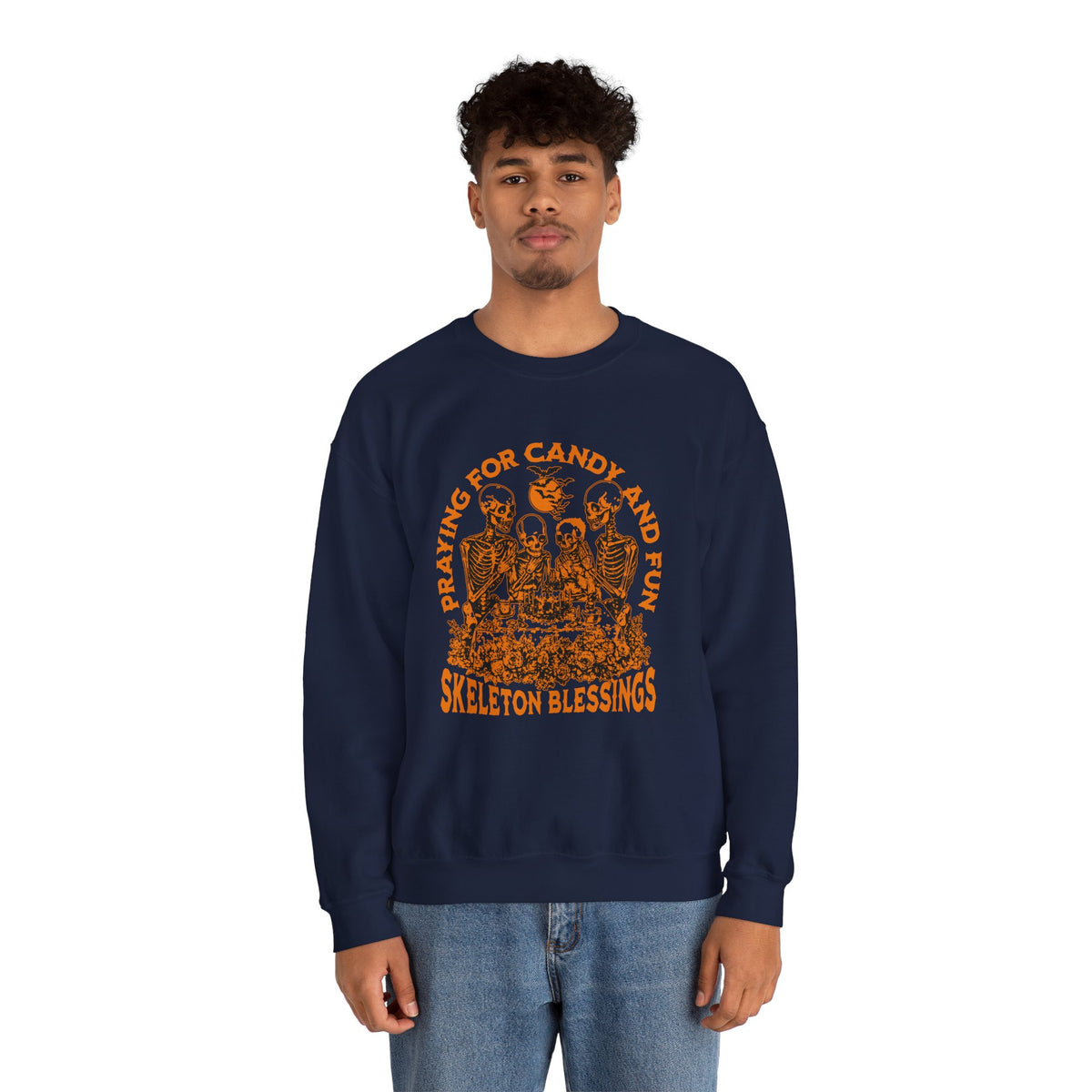 Skeleton Blessings Crewneck Sweatshirt — Praying for Candy and Fun Halloween Sweater