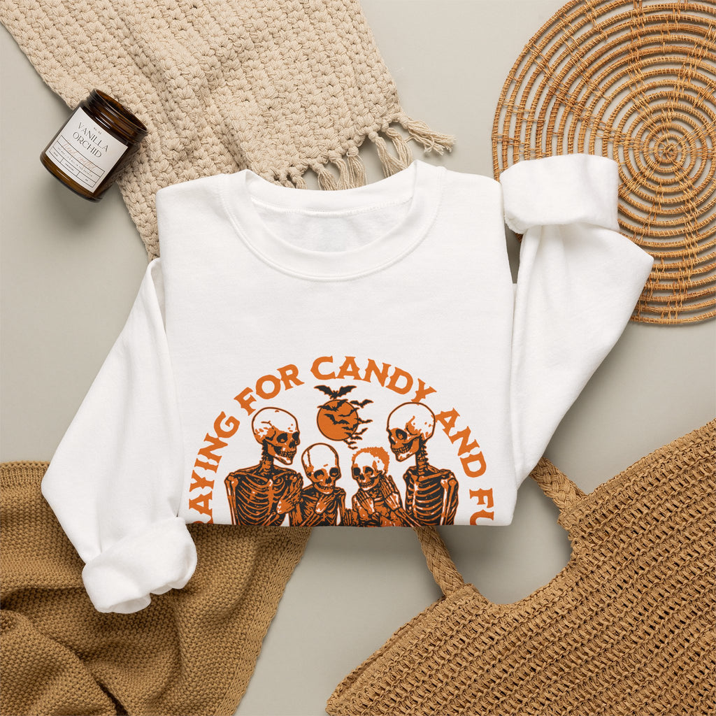 Skeleton Blessings Crewneck Sweatshirt — Praying for Candy and Fun Halloween Sweater