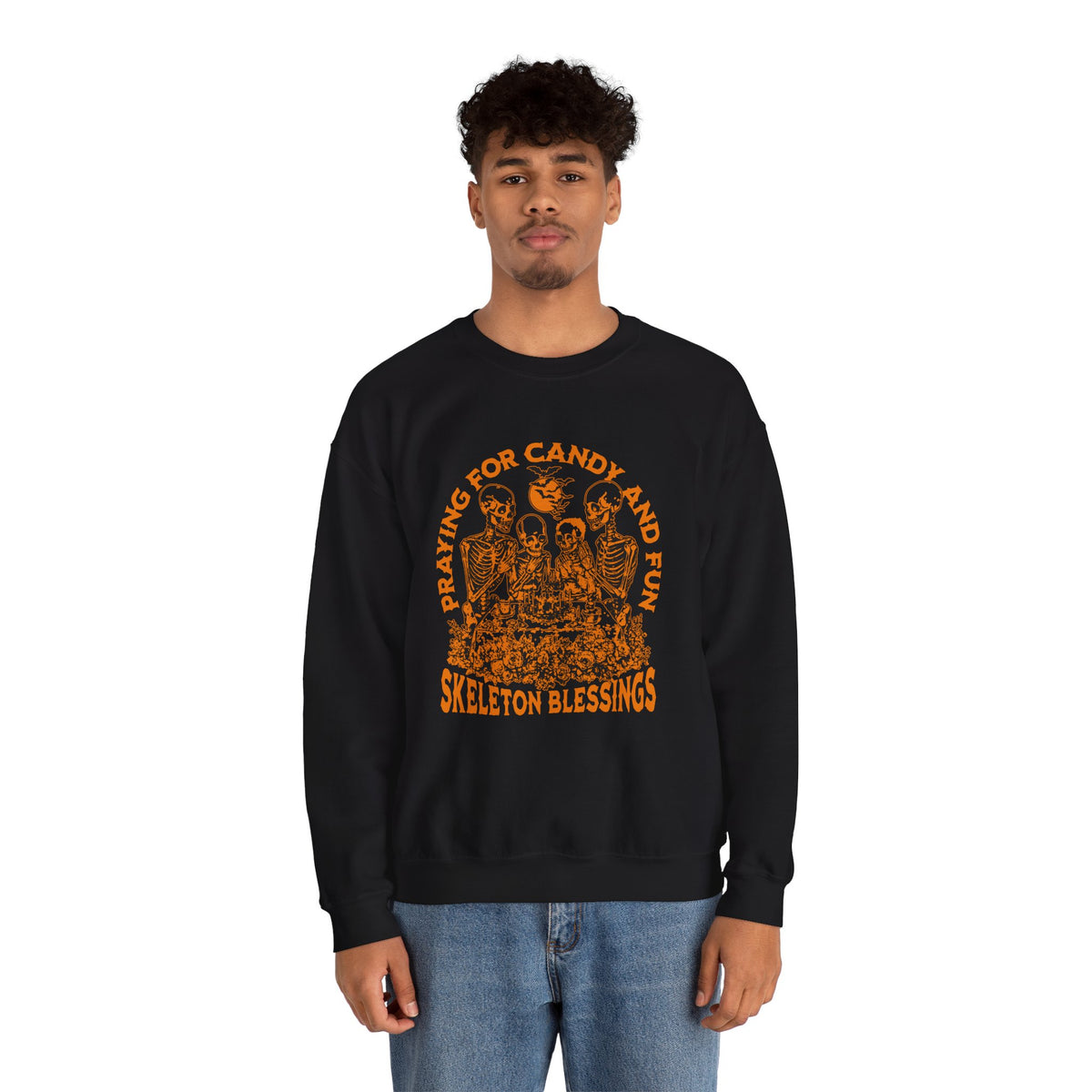 Skeleton Blessings Crewneck Sweatshirt — Praying for Candy and Fun Halloween Sweater