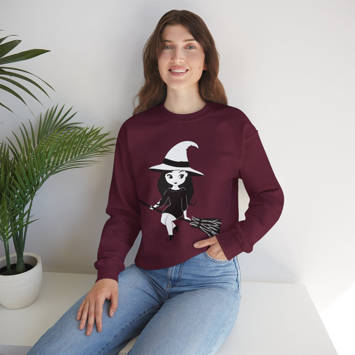 Witch on Broom Crewneck Sweatshirt — Cute Retro Halloween Witch Graphic
