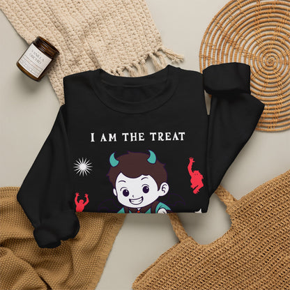 Halloween Party Sweatshirt — "I Am The Treat" Cute Devil Kid Costume Crewneck