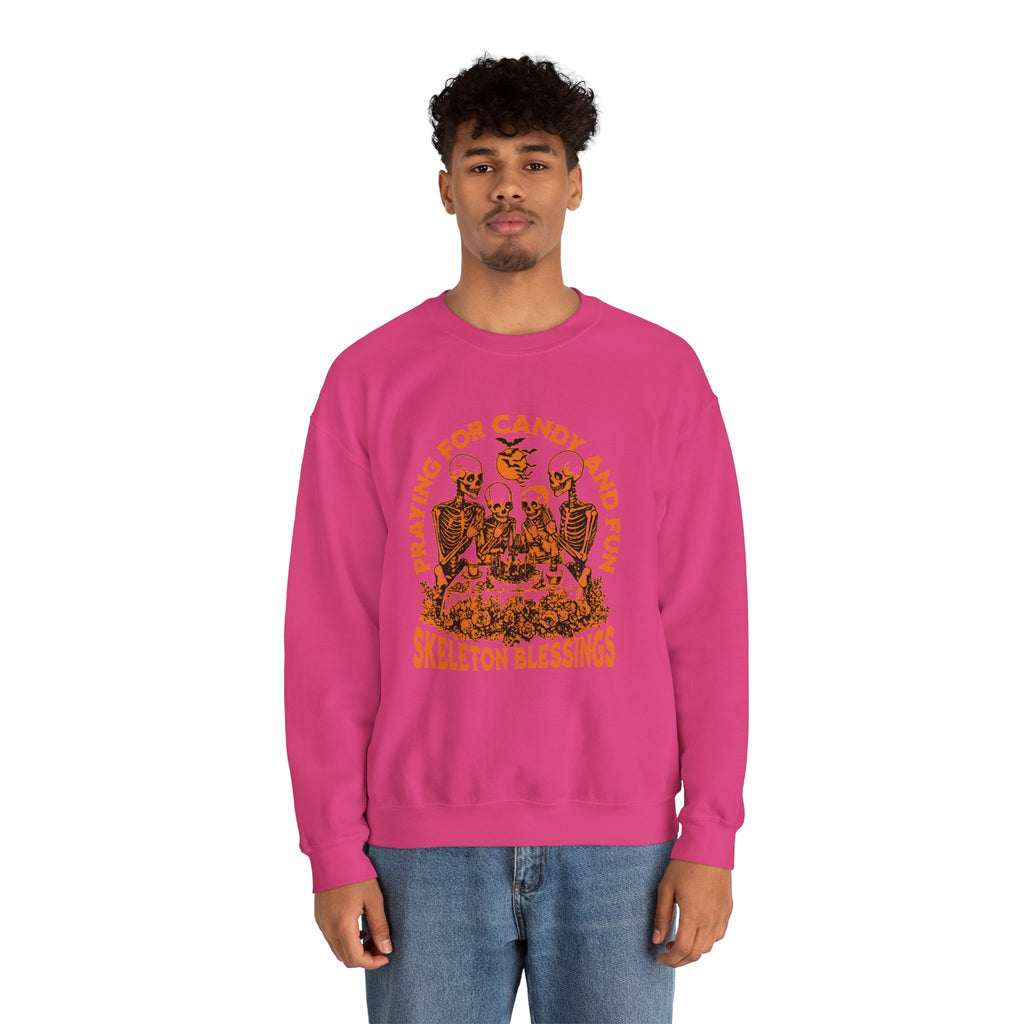 Skeleton Blessings Crewneck Sweatshirt — Praying for Candy and Fun Halloween Sweater