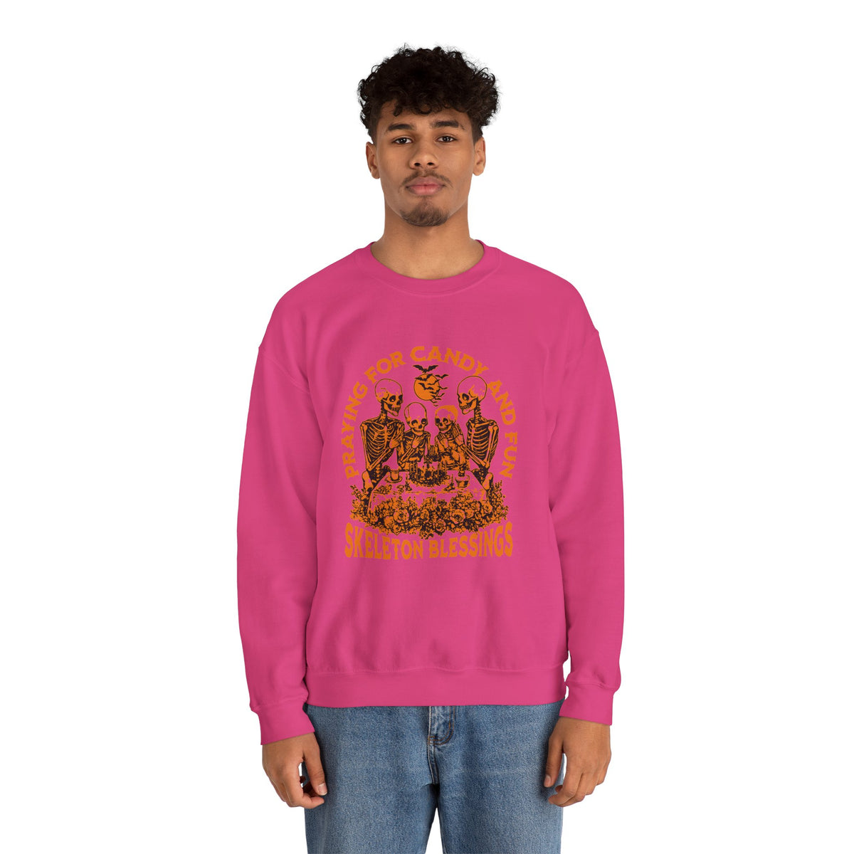 Skeleton Blessings Crewneck Sweatshirt — Praying for Candy and Fun Halloween Sweater
