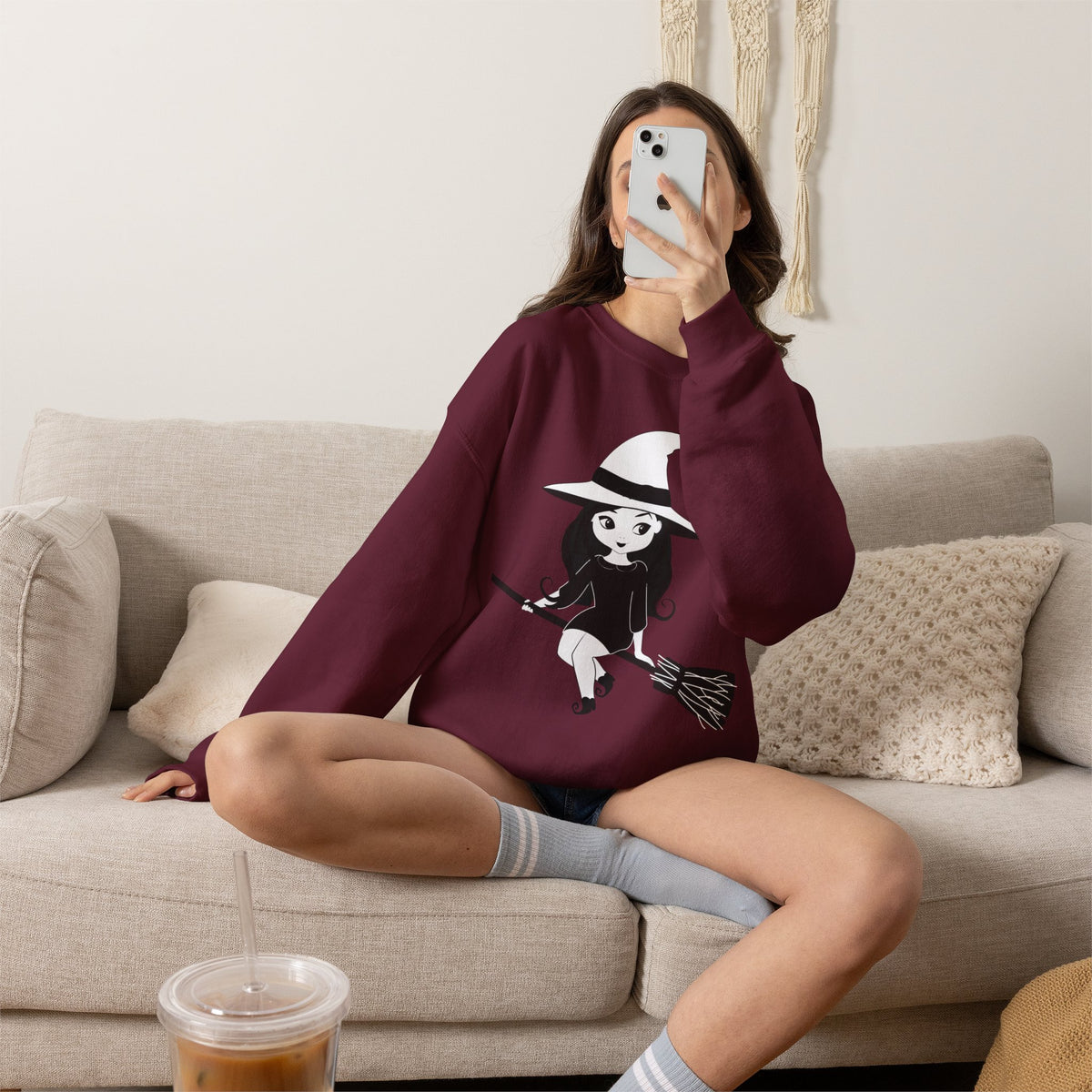 Witch on Broom Crewneck Sweatshirt — Cute Retro Halloween Witch Graphic