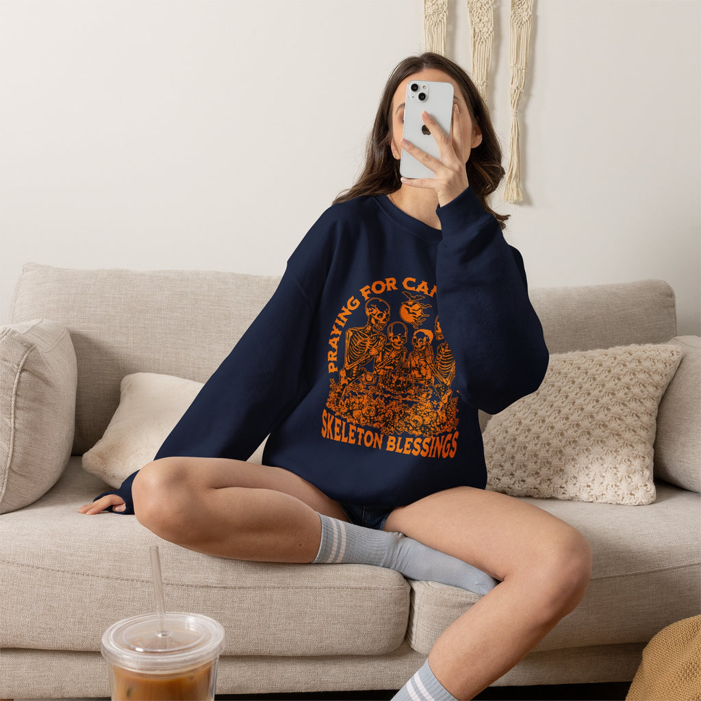 Skeleton Blessings Crewneck Sweatshirt — Praying for Candy and Fun Halloween Sweater