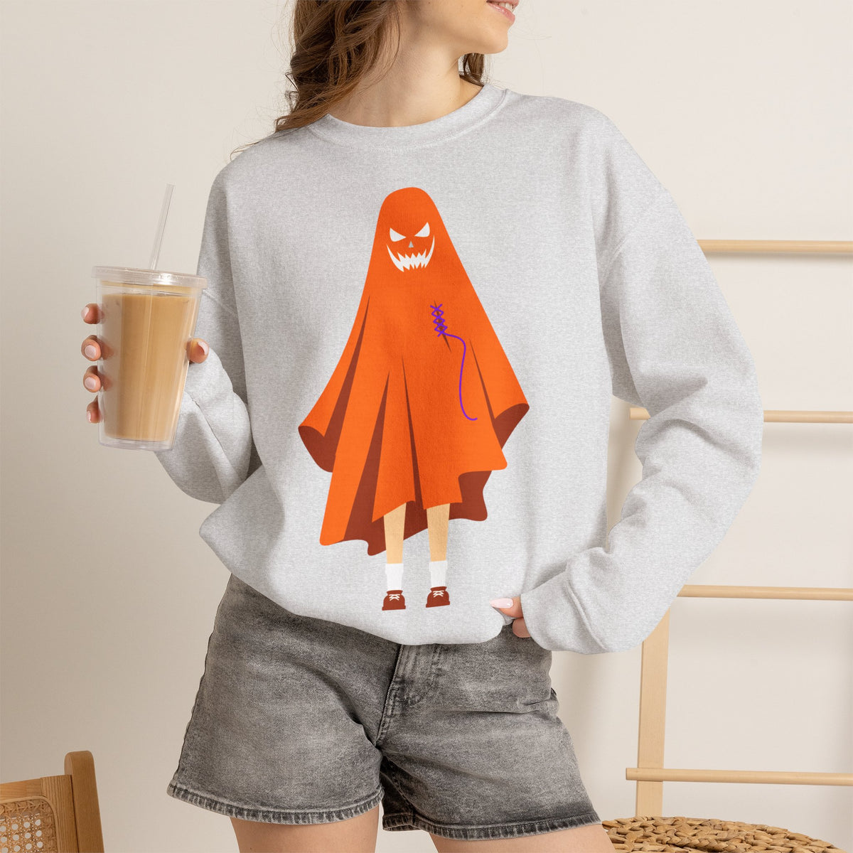 Halloween Ghost Costume Sweatshirt — Cute Spooky Ghost Holding Lollipop Crewneck