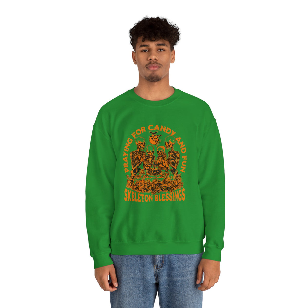 Skeleton Blessings Crewneck Sweatshirt — Praying for Candy and Fun Halloween Sweater